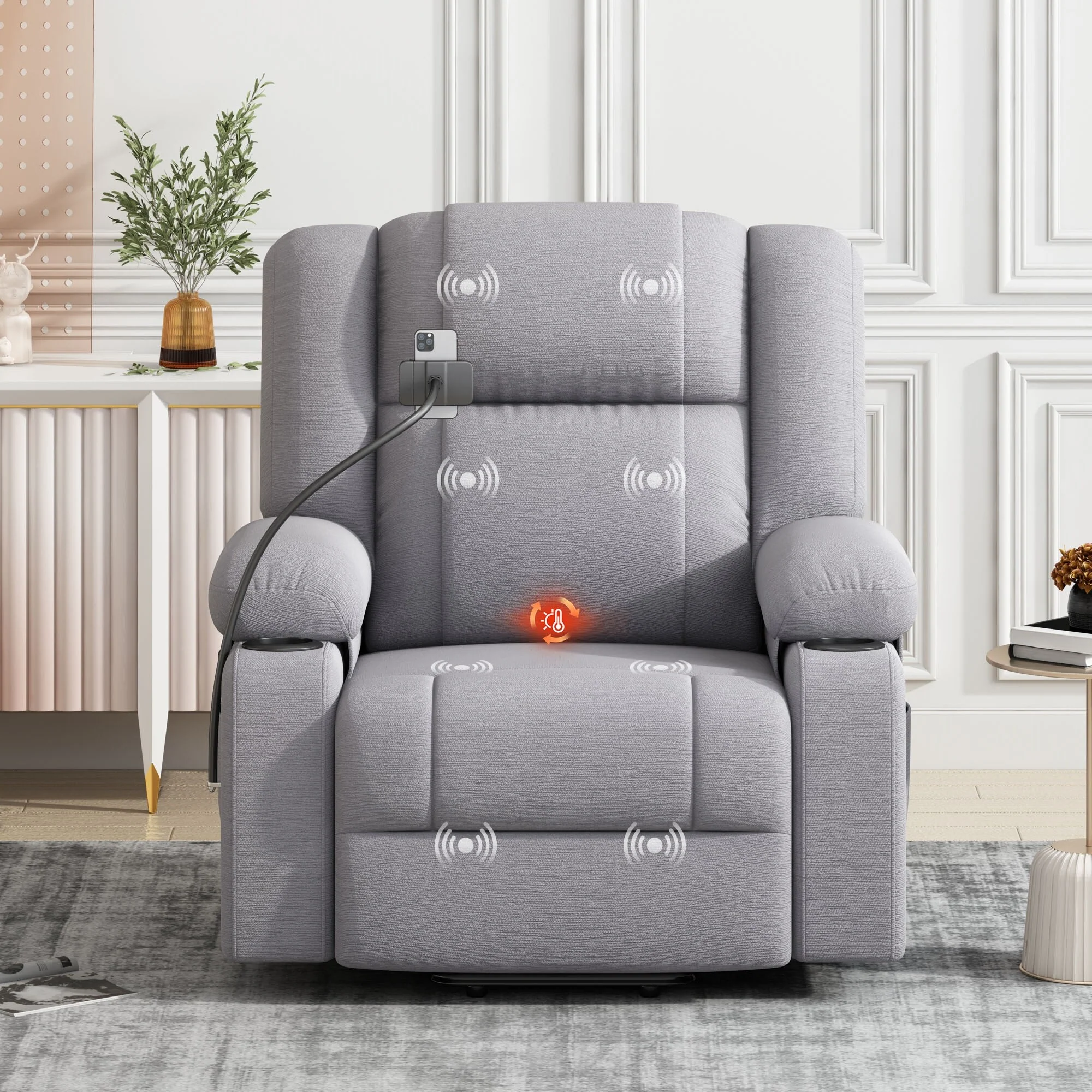 Grey Electric Power Lift Recliner Chair with Massage, Heating, Cup Holders & 360�� Swivel Phone Holder, Adjustable Recline