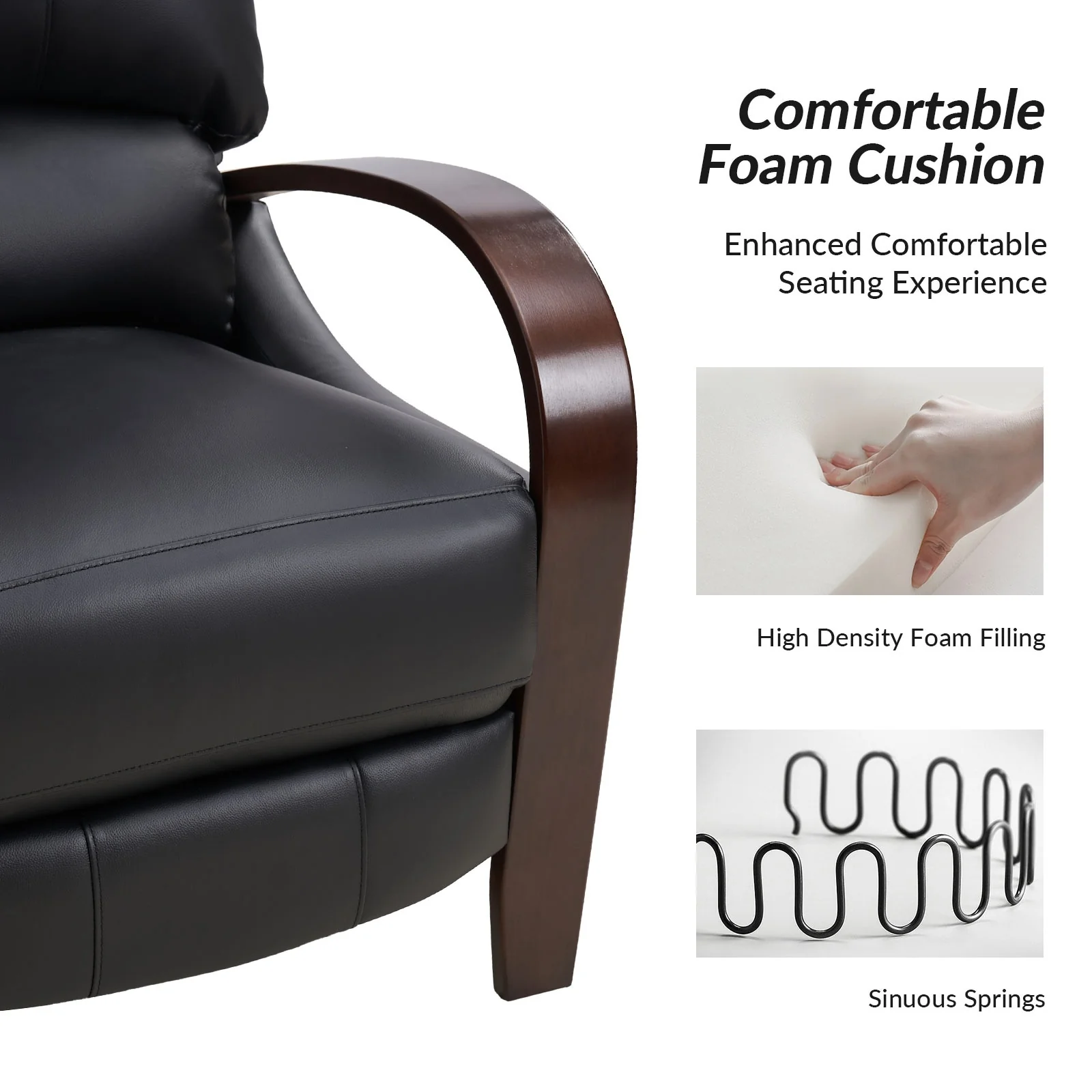 Alex Mid-century Modern Cigar Genuine Leather Manual Recliner with Wooden Curved Arms