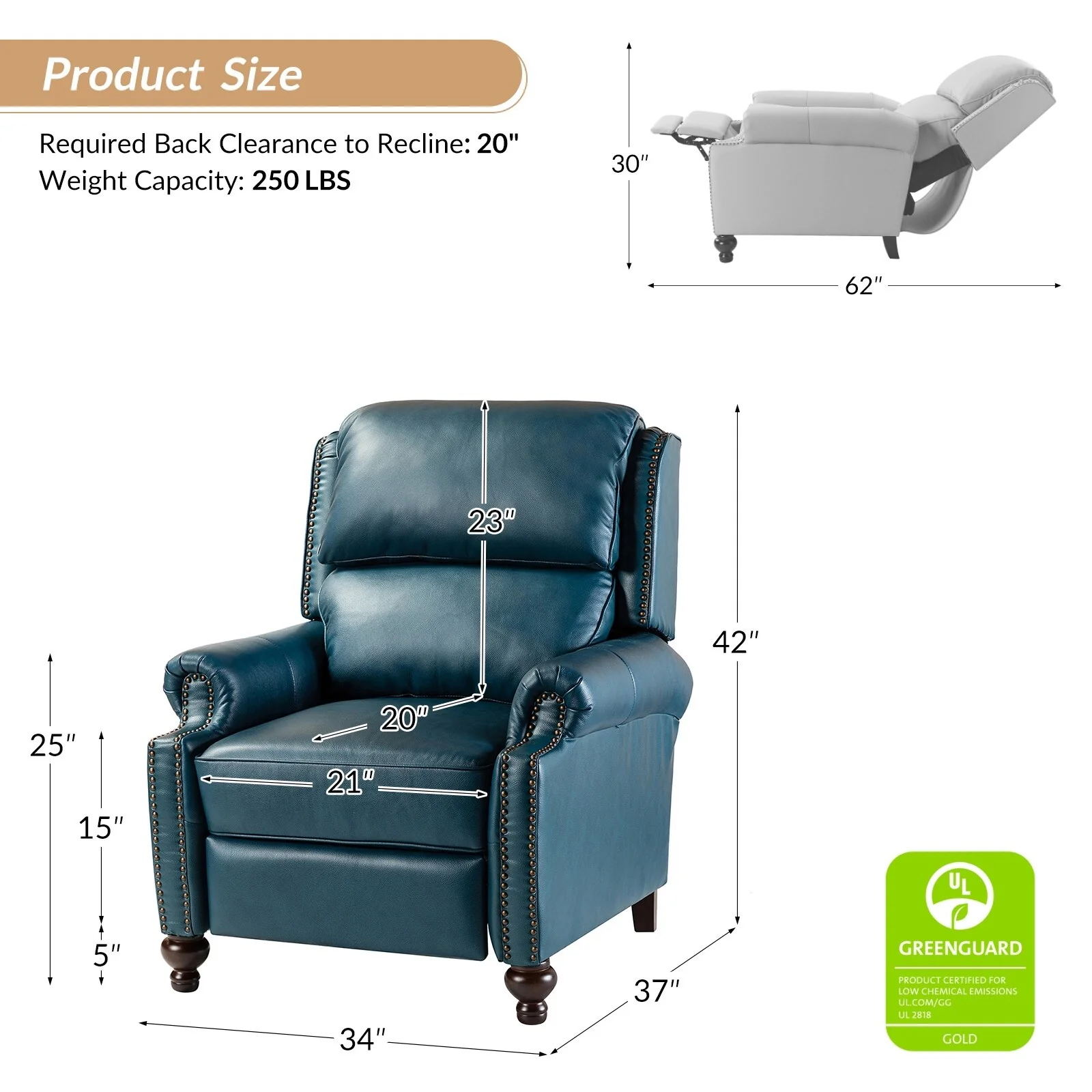 Gabriela Mid-Century Modern Genuine Leather Recliner with Tapered Block Feet by HULALA HOME