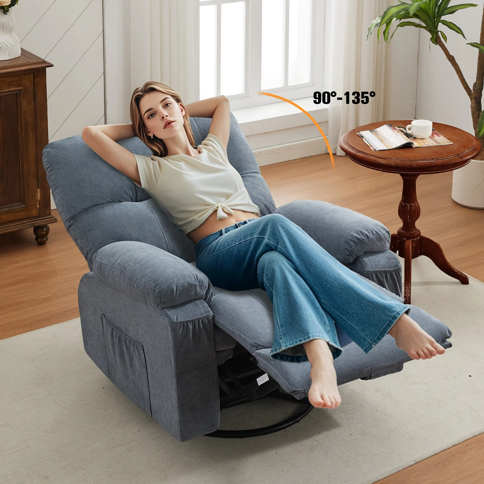 360�� Rotating Recliner Chair with Adjustable Backrest, Swivel Rocking Armchair with Footrest, Soft Cushions & Side Pockets
