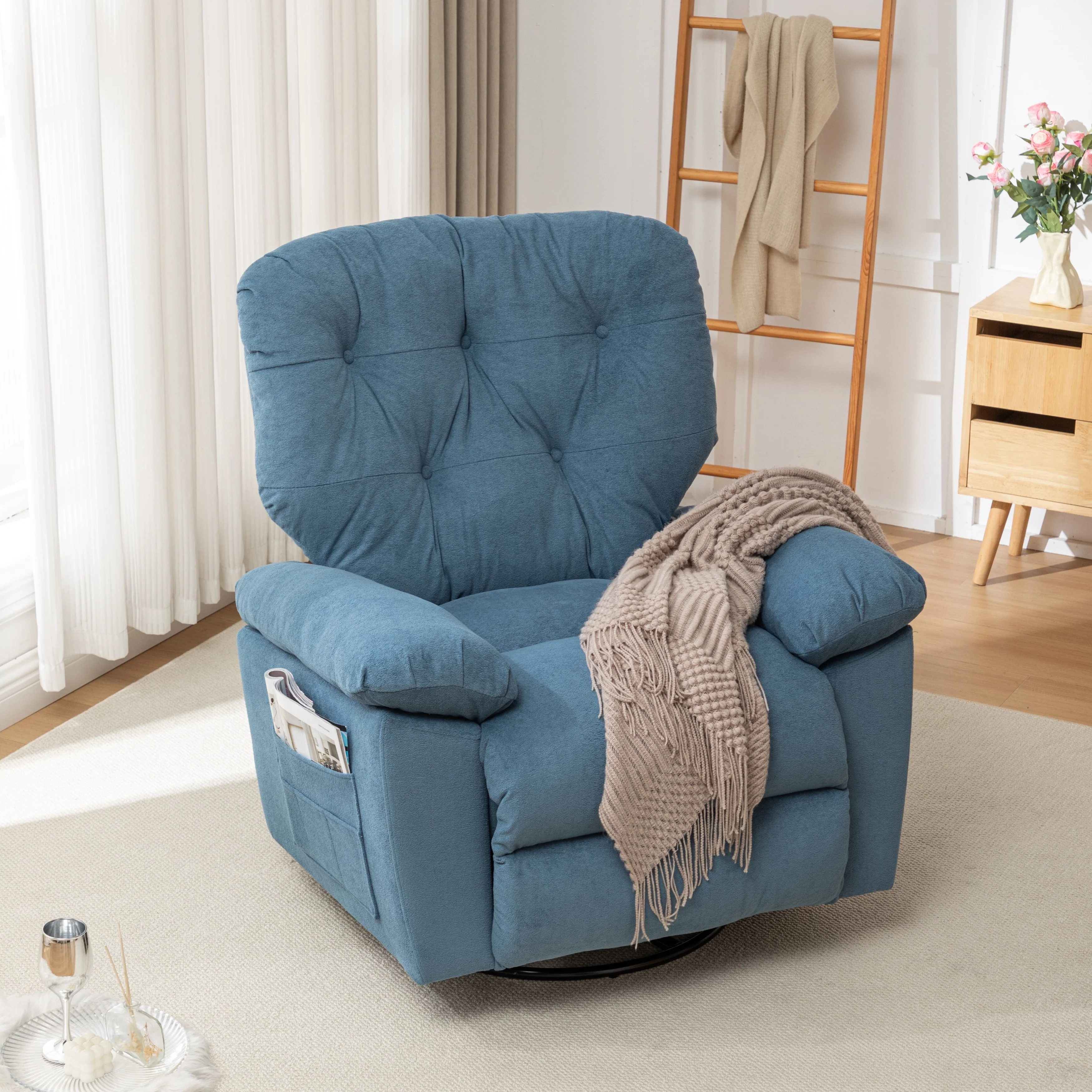 Swivel Recliner Chair with Soft Artificial Fleece, Overstuffed Comfort, Glider Function, Side Pocket, Adjustable Backrest