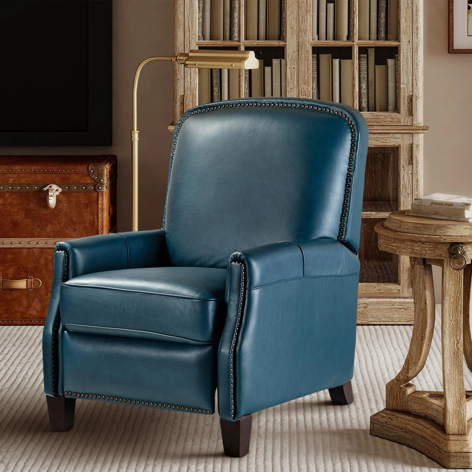 Gladis Modern Retro Genuine Leather Recliner with Nailhead Trim by HULALA HOME