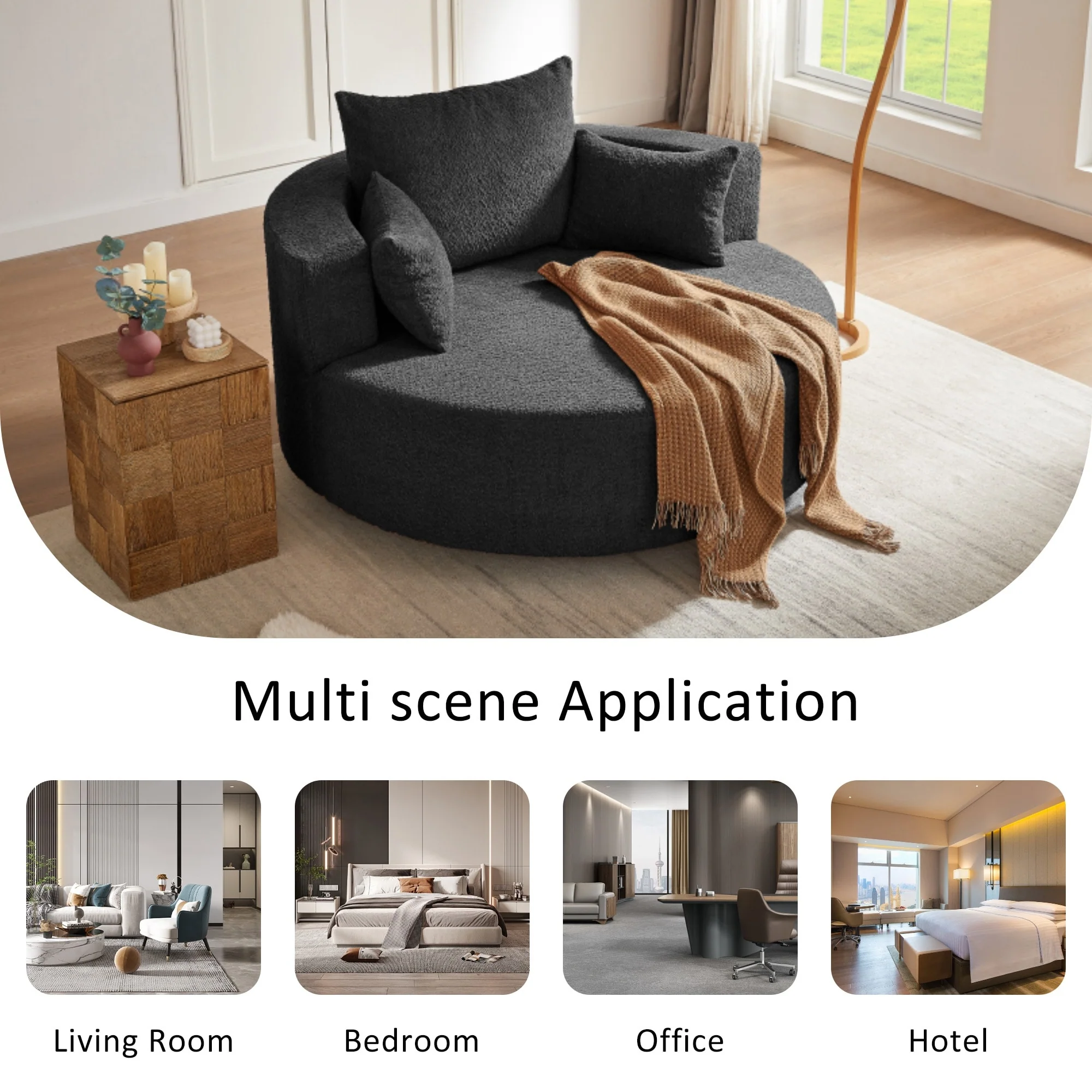 Chenille Accent Barrel Chair Lounge Chair, Round Sofa Chair Armchair with 360-Degree Swivel Base and 3 Removable Pillows