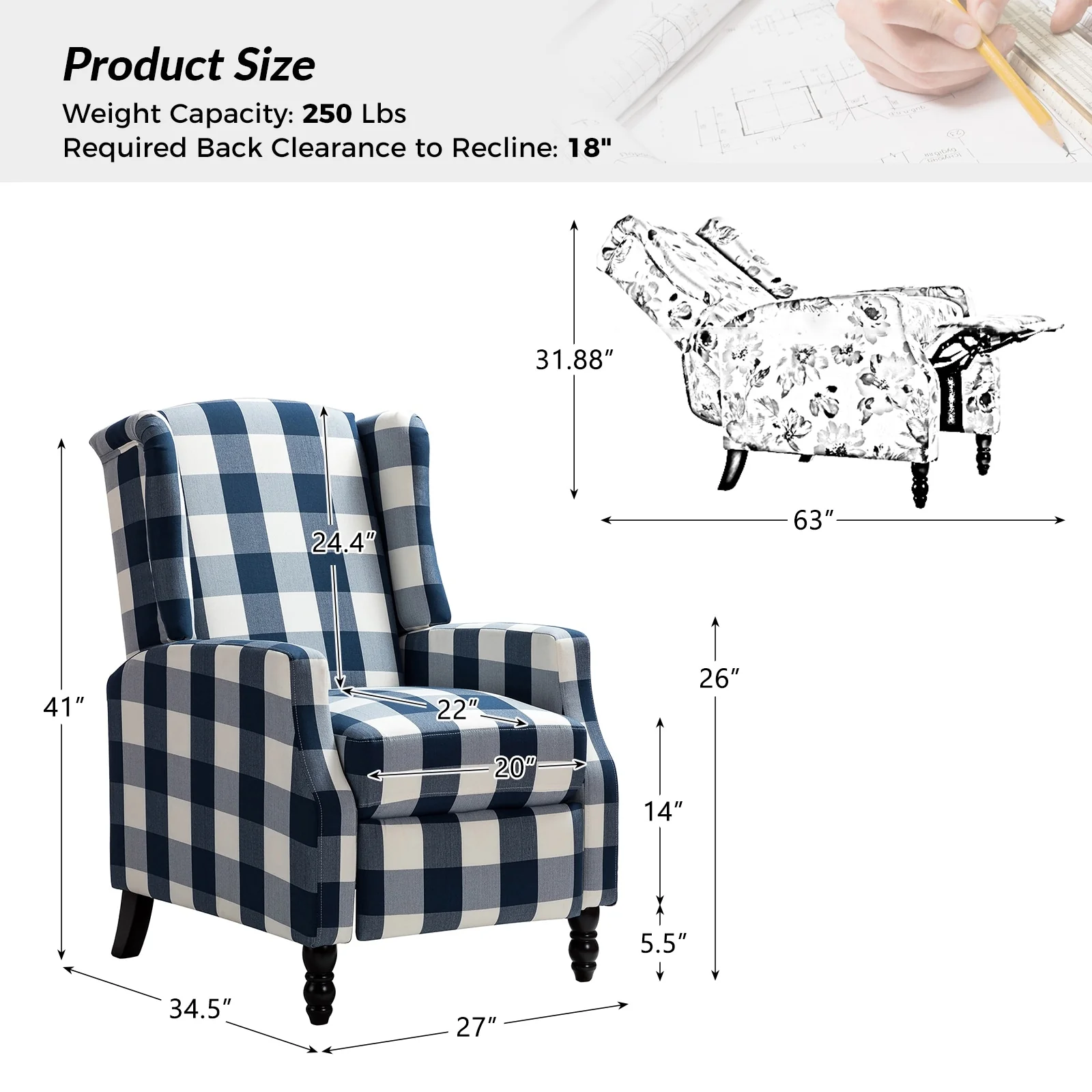 Damaris Mid-Century Modern Manual Pushback Recliner with Wingback Design Set of 2 by HULALA HOME