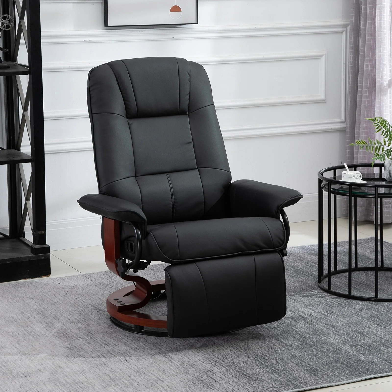 Manual Faux Leather Swivel Recliner with Extendable Footrest, Padded Armrests, and Wrapped Wooden Pedestal Base