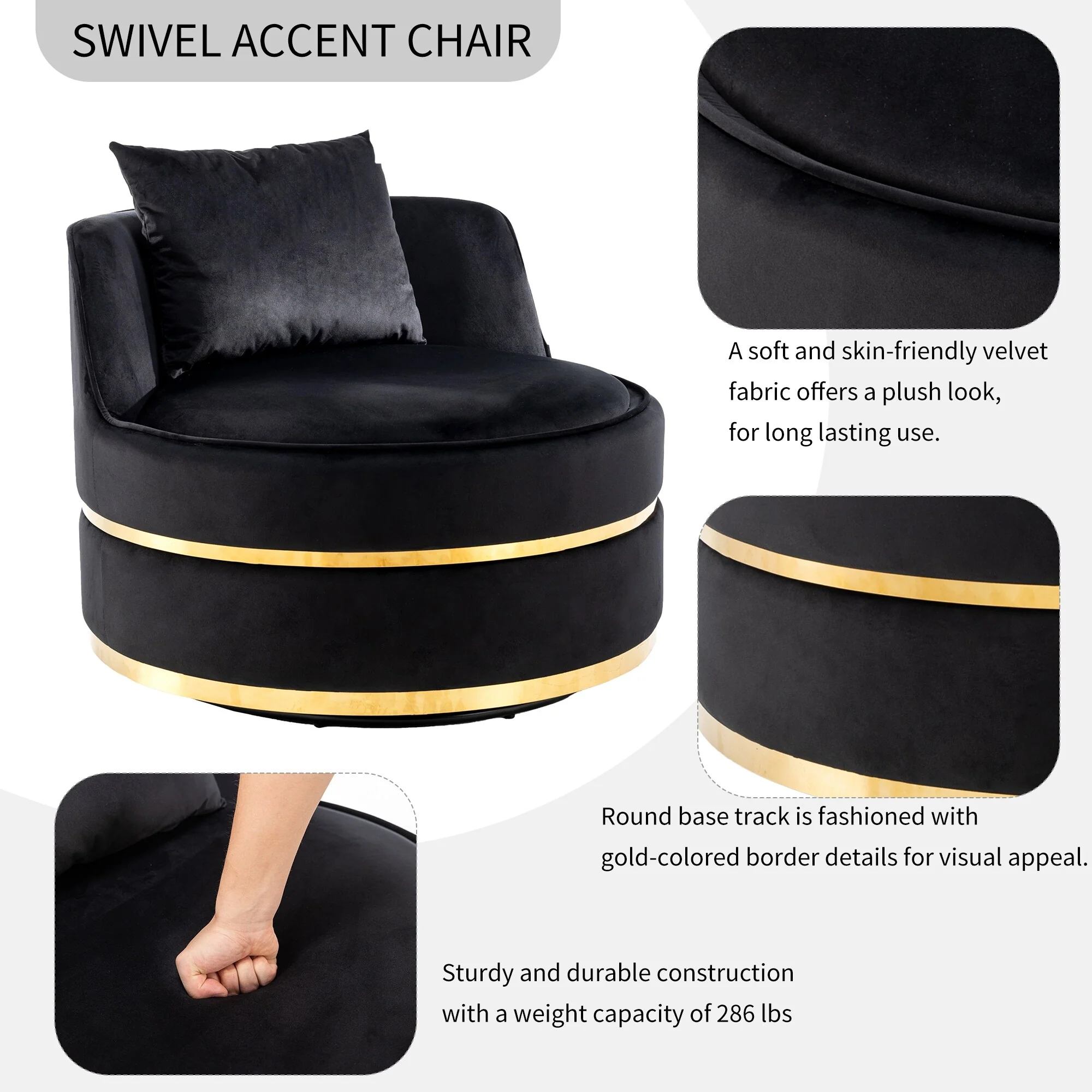 Velvet 360�� Swivel Accent Chair with Seat Cushion, Upholstered Barrel Chair with Stainless Steel Base Living Room Chair