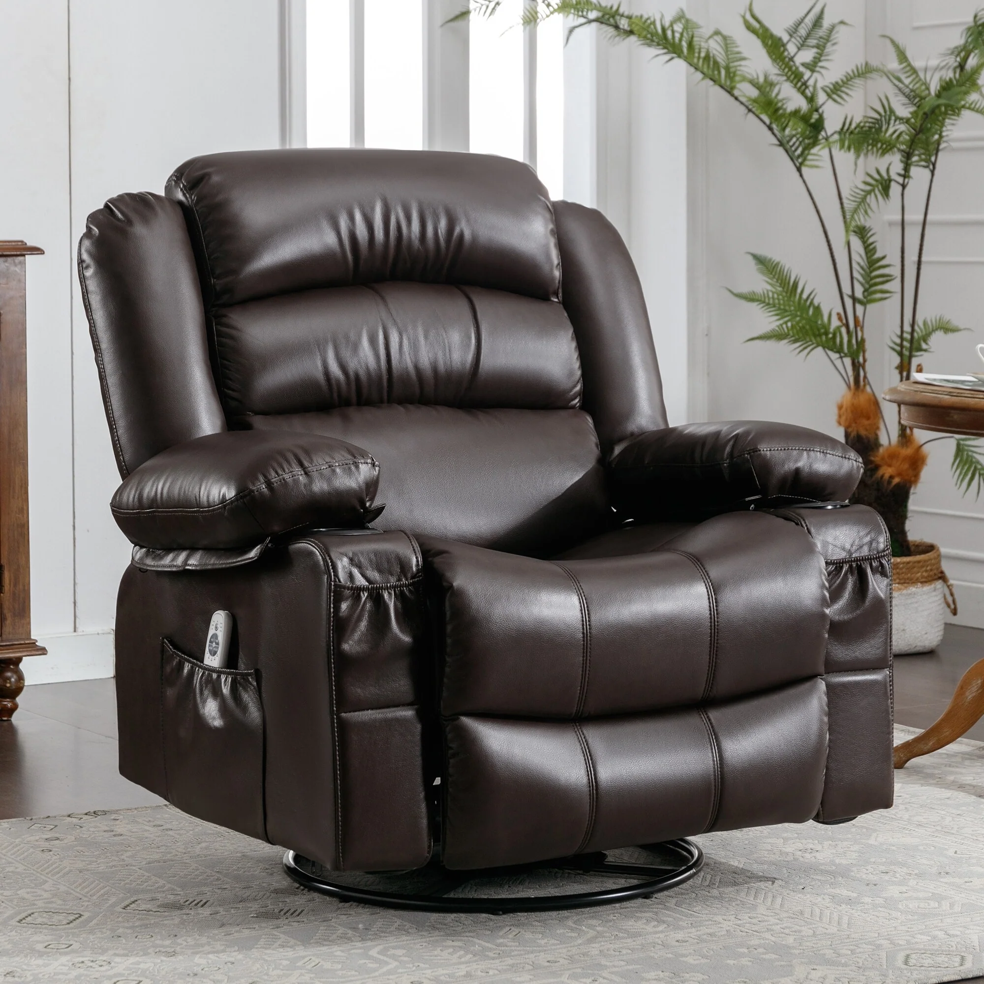 Black 360�� Swivel Rocker Recliner Chair with Vibration Massage, Heating, Side Pockets, USB Port, and 2 Cup Holders