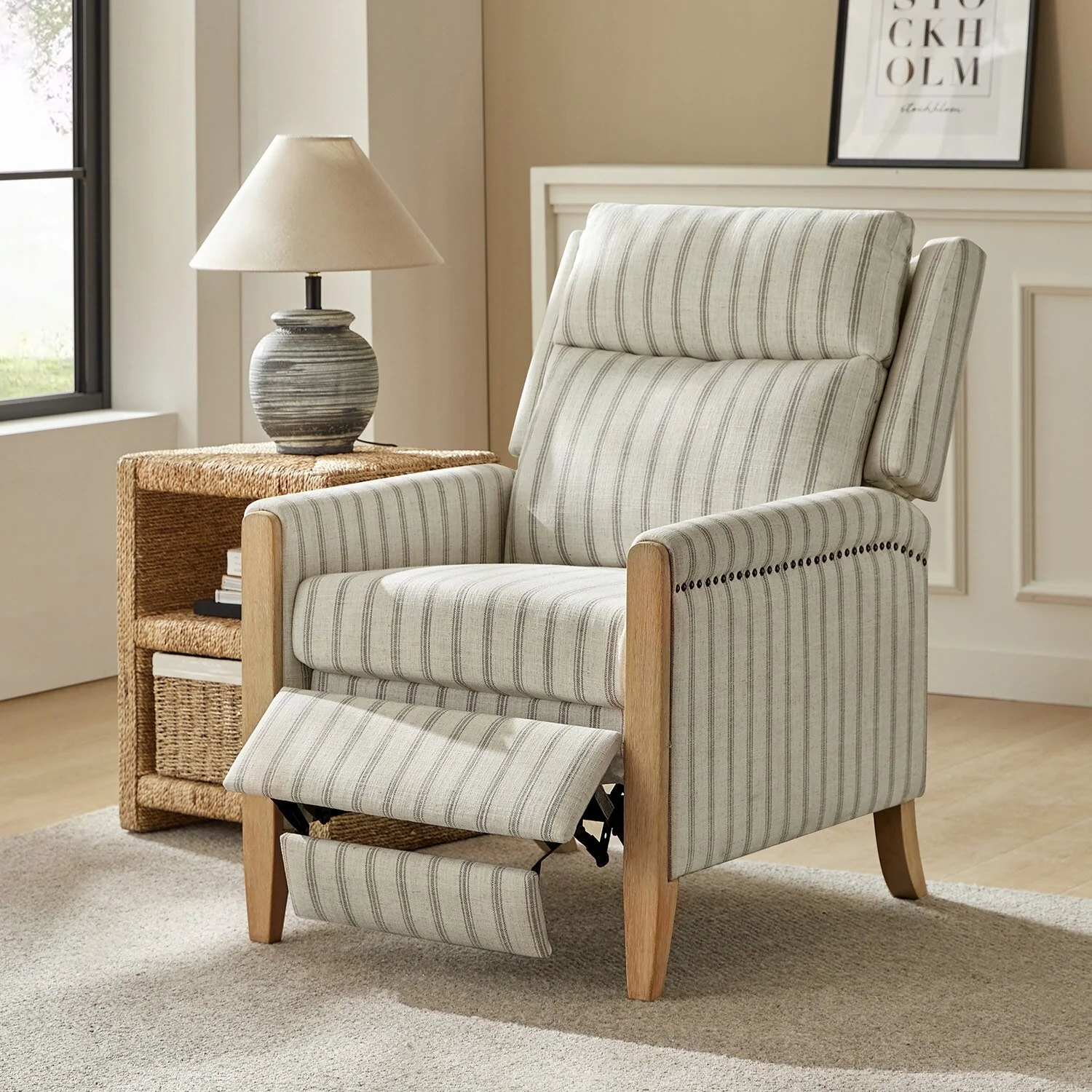 Suares Transitional Nailhead Manual Recliner with Solid Wood Legs by HULALA HOME