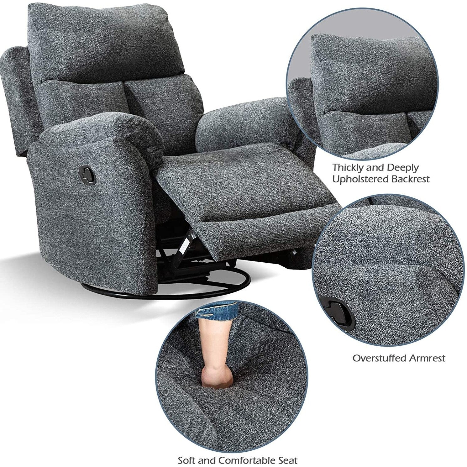 Fabric Overstuffed Swivel Rocker Manual Recliner Chair