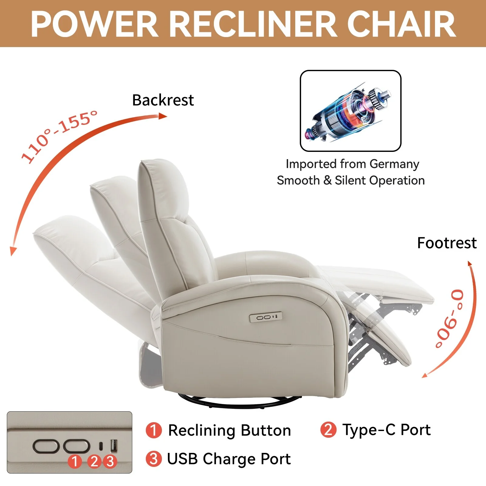 Armless Power Glider Swivel Recliner Chair with USB & High Back