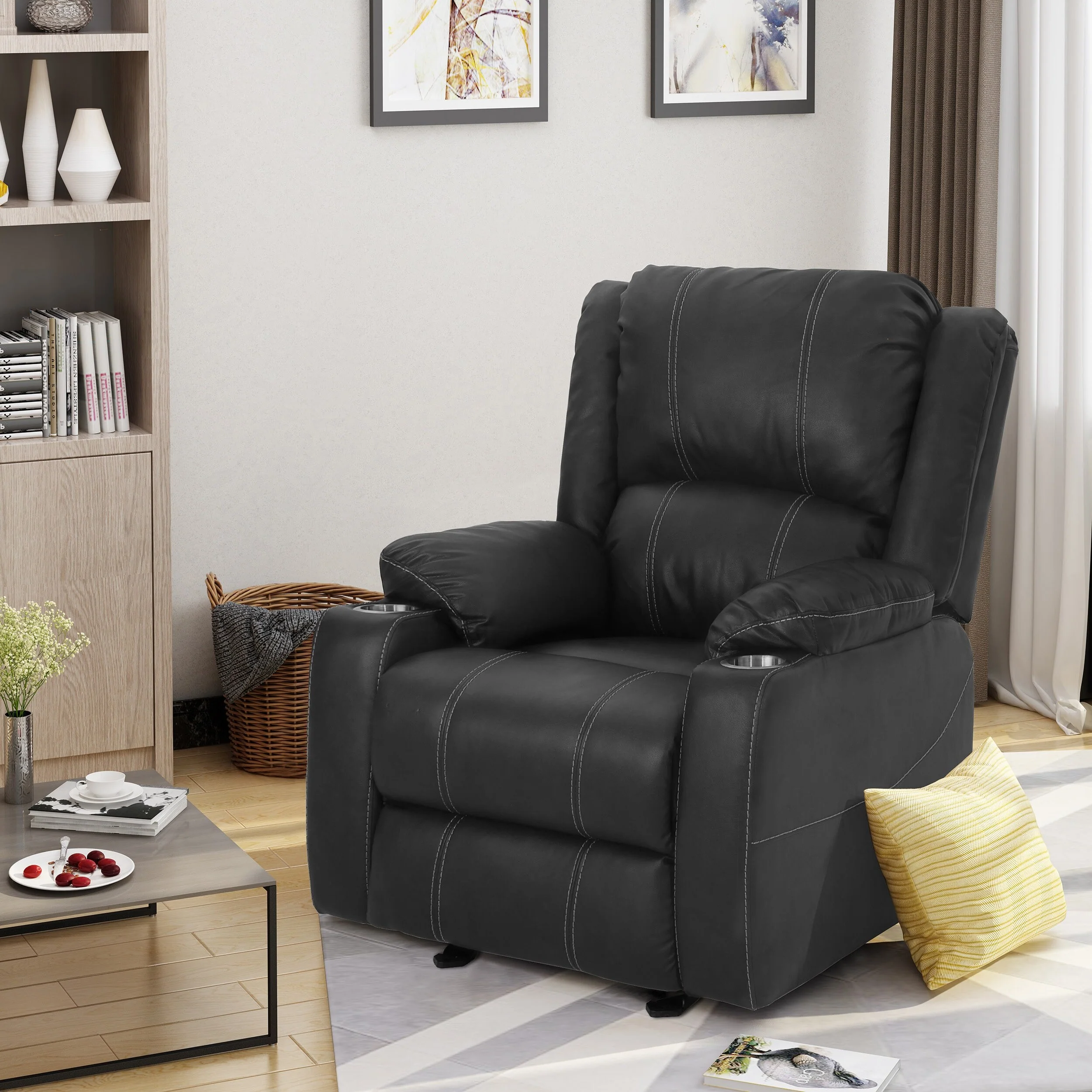 Black Modern Manual Recliner with Steel Cup Holders, Plush PU Leather, and Adjustable Reclining Backrest