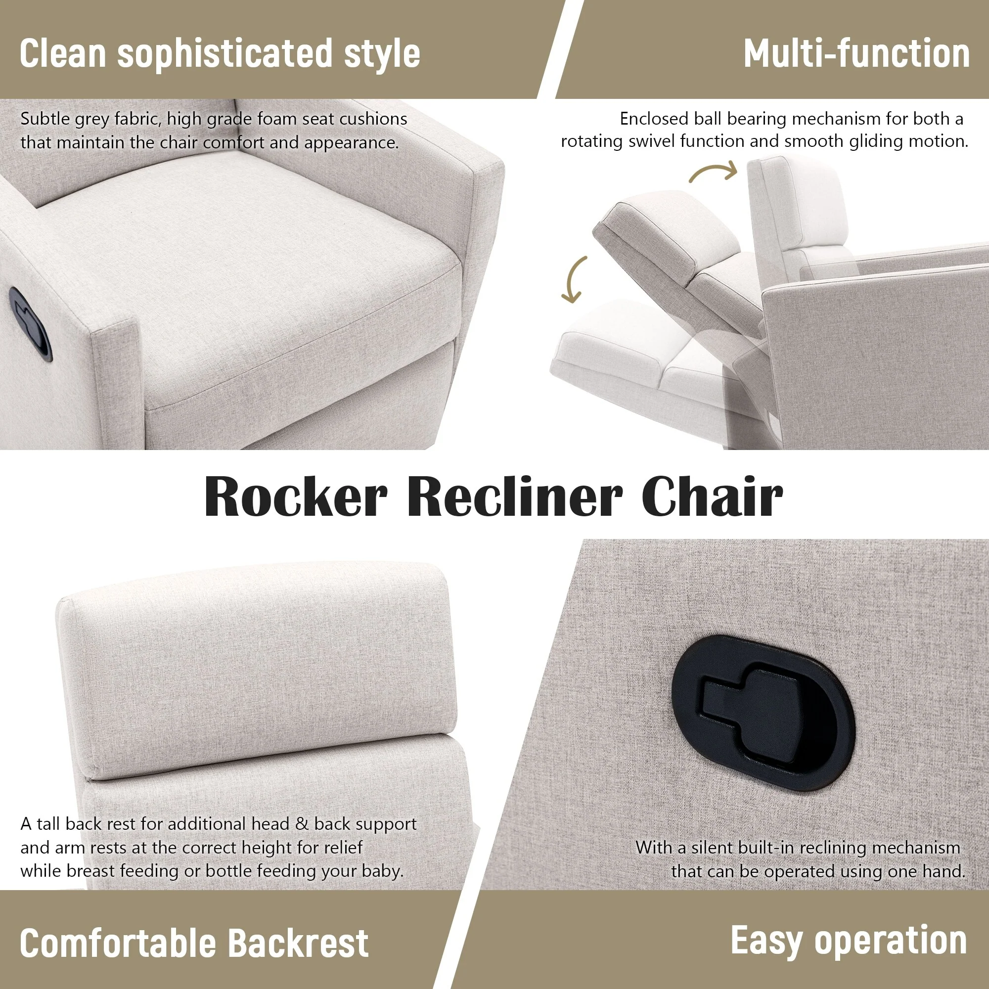 Roomfitters Modern Upholstered Rocker Nursery Chair, Plush Seating Glider Swivel Recliner Chair
