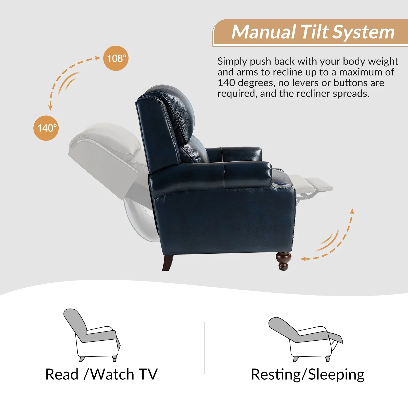 Gabriela Mid-Century Modern Genuine Leather Recliner with Tapered Block Feet by HULALA HOME