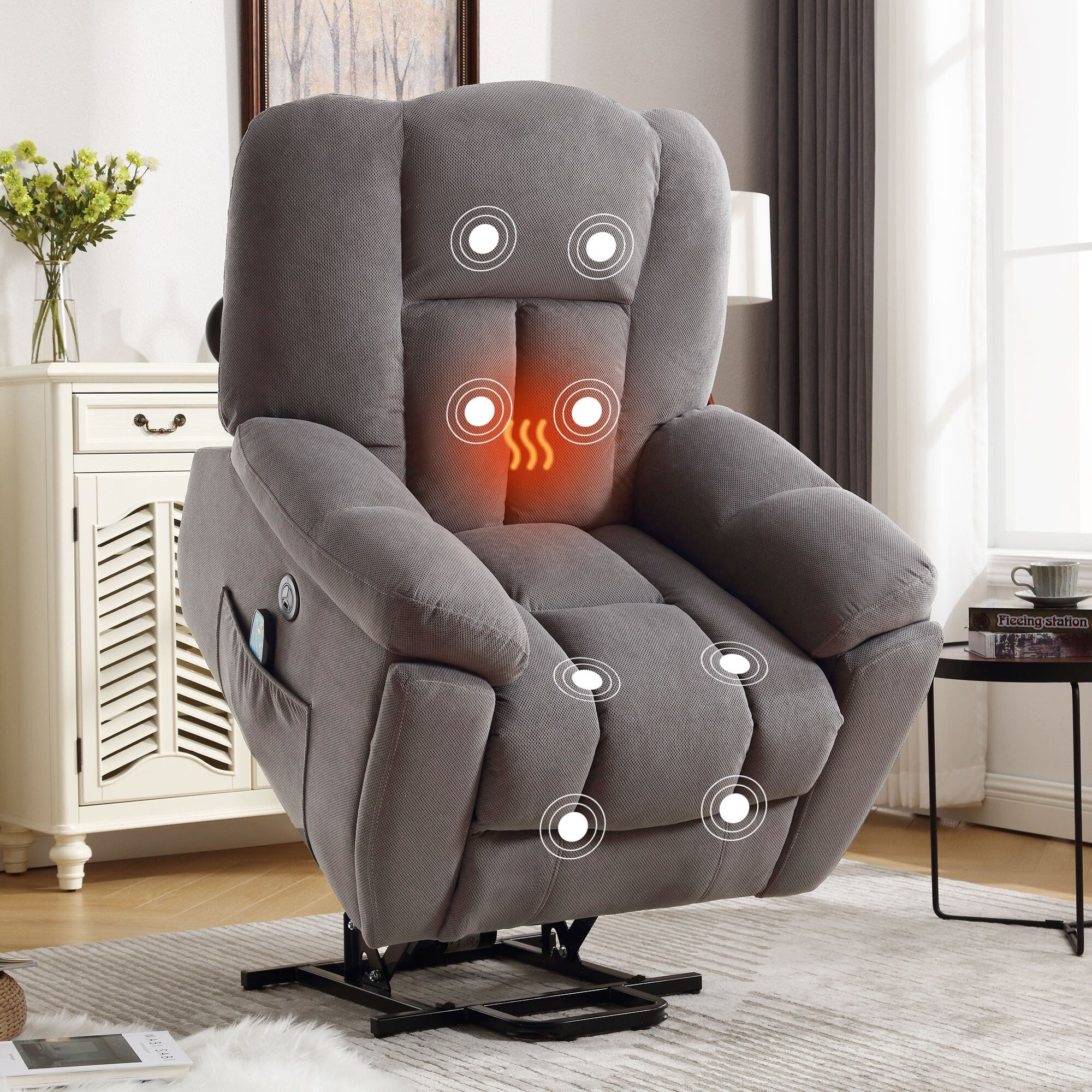 Grey Electric Power Lift Recliner with Heating, Massage, Infinite Positions, USB Charging, and Convenient Side Pockets