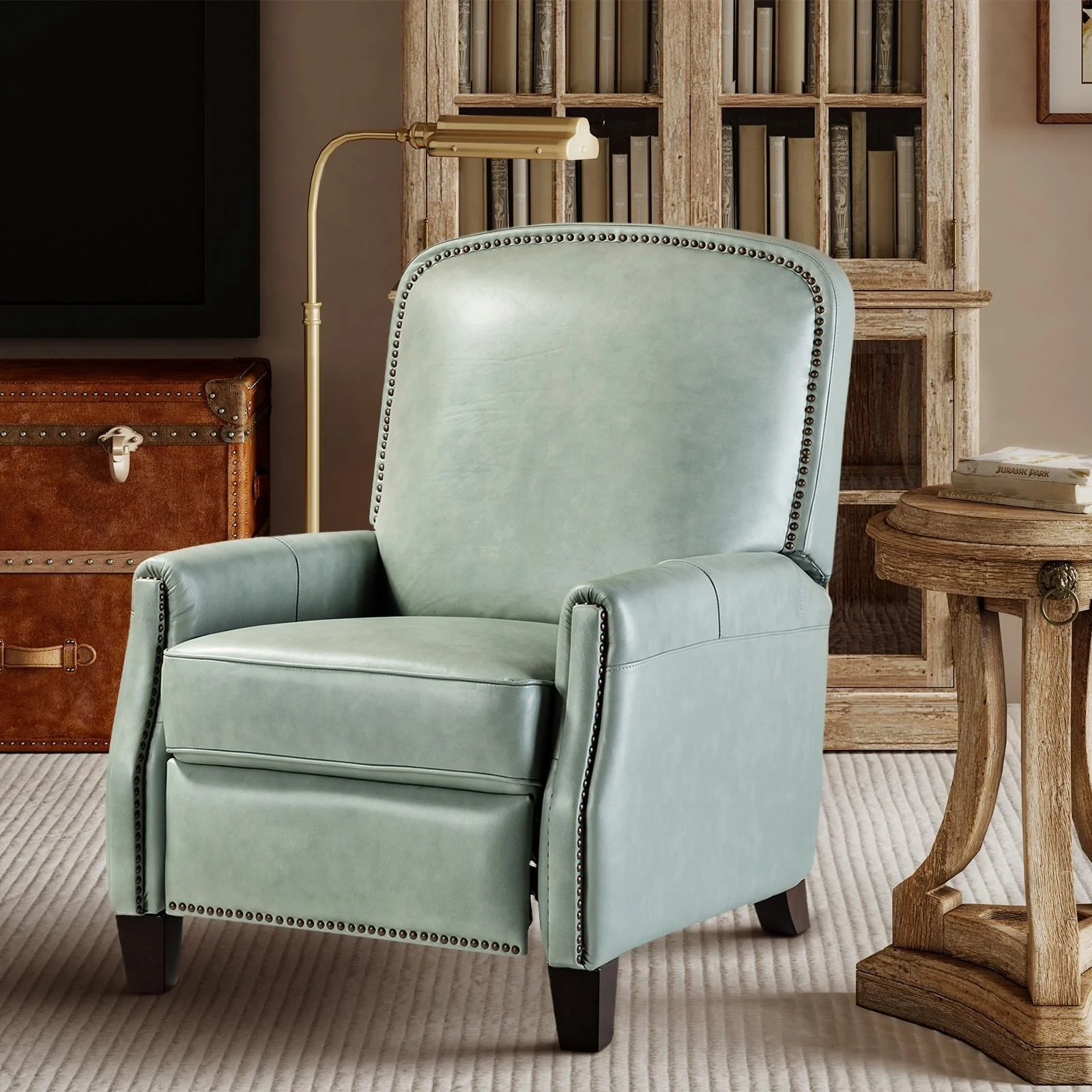 Gladis Modern Retro Genuine Leather Recliner with Nailhead Trim by HULALA HOME