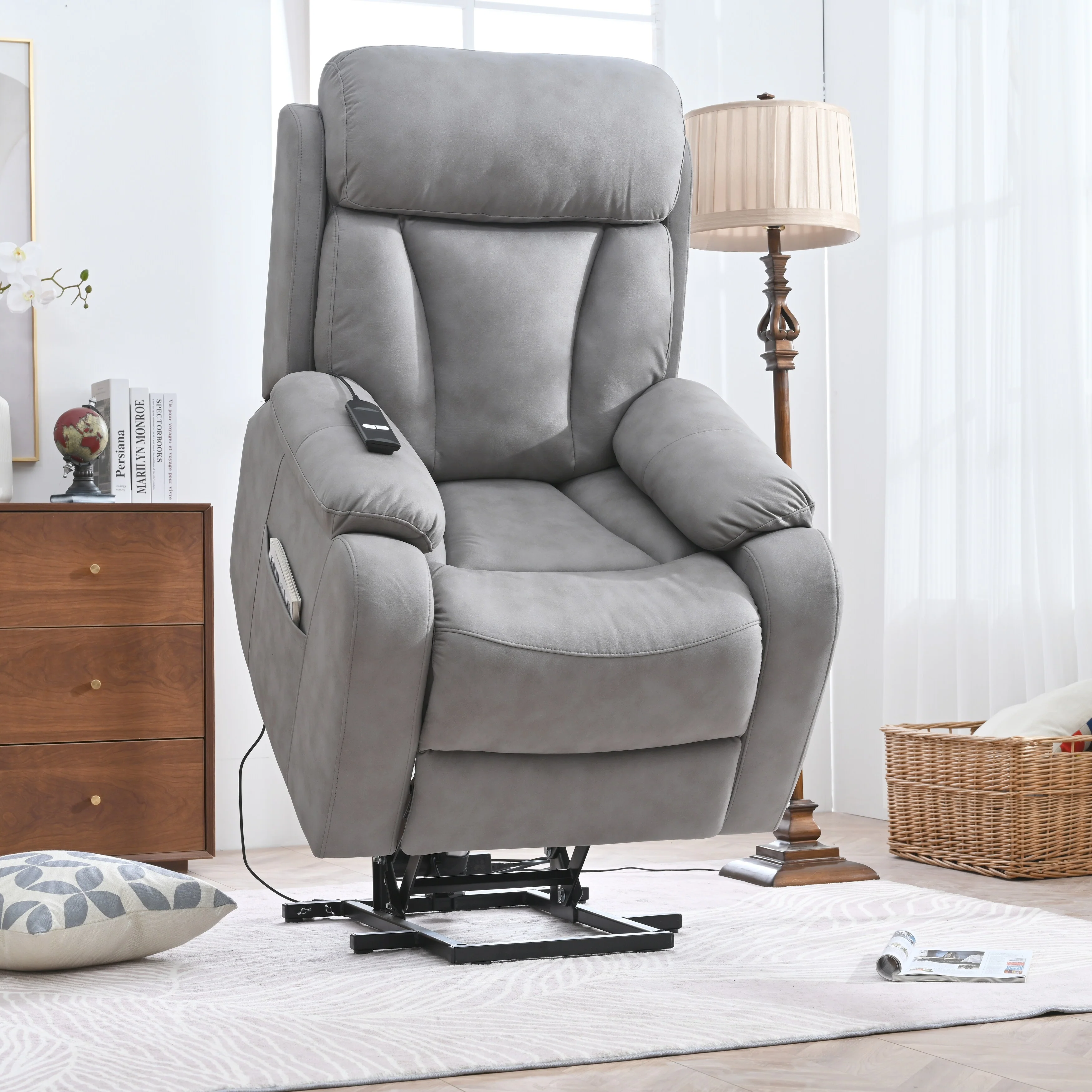 Fabric Power Lift Recliner with Remote, Overstuffed Cushions, Side Storage Pocket, and Durable Heavy-Duty Frame for Seniors