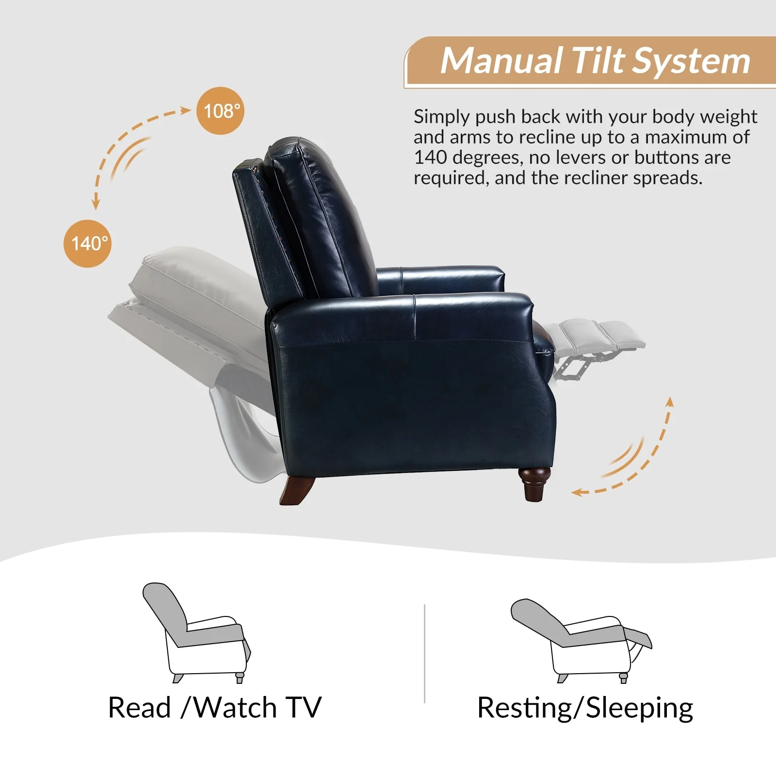 Cigar Mid-century Modern Genuine Leather Recliner with Nailhead Trim by HULALA HOME