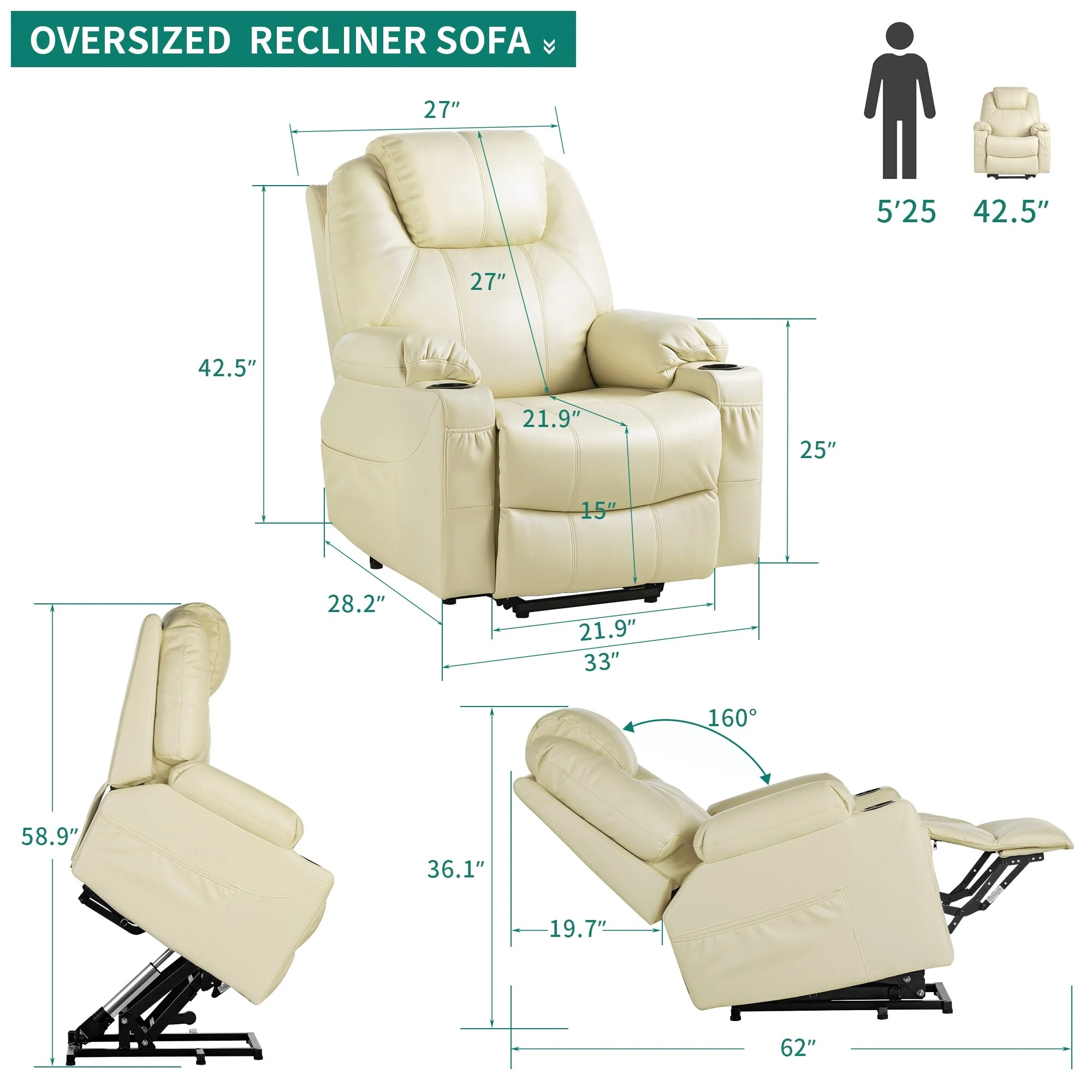 Modern Off White Reclining Chair Faux Leather/Fabric Massage