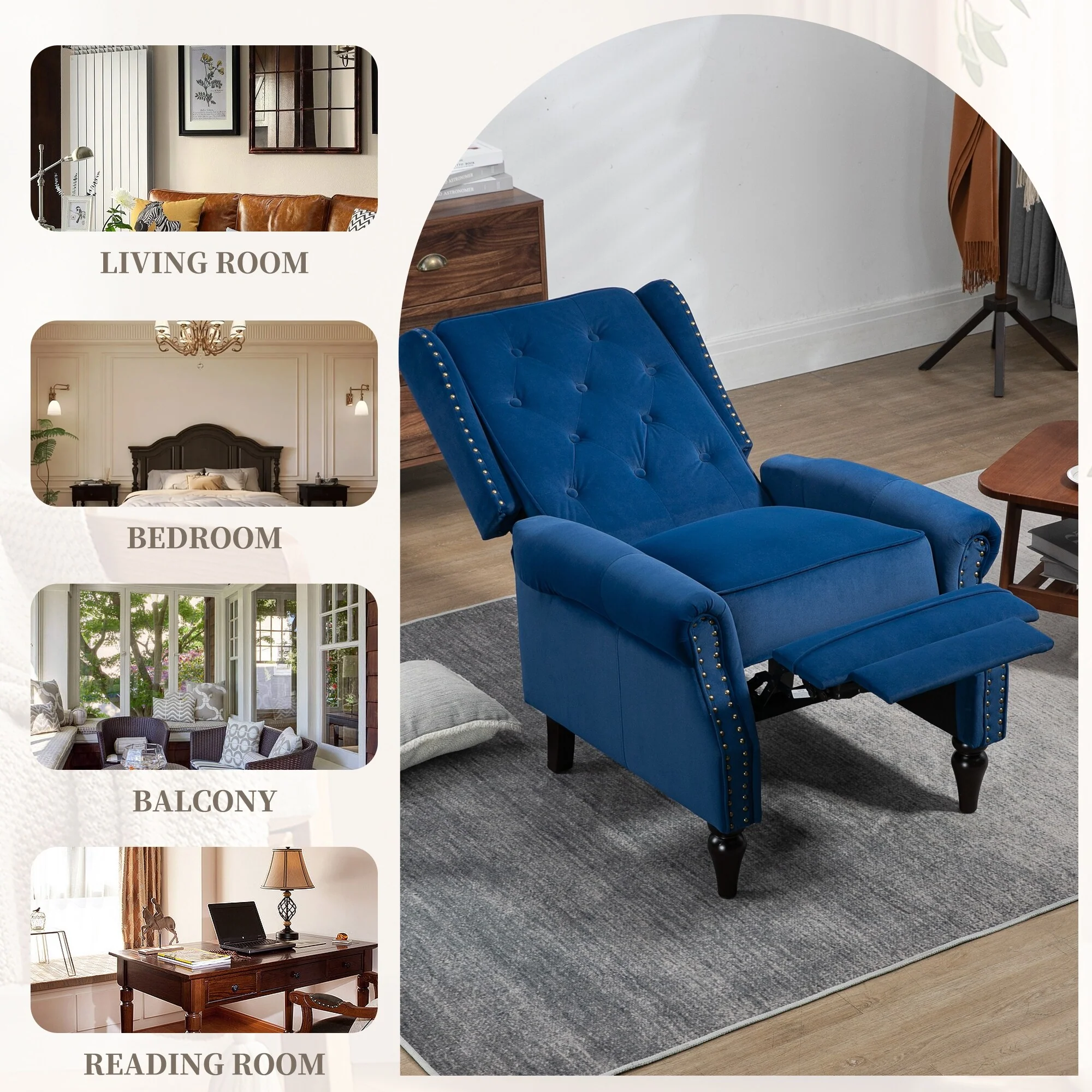 Velvet Upholstered Nailhead Tufted Recliner Chair with Black Legs