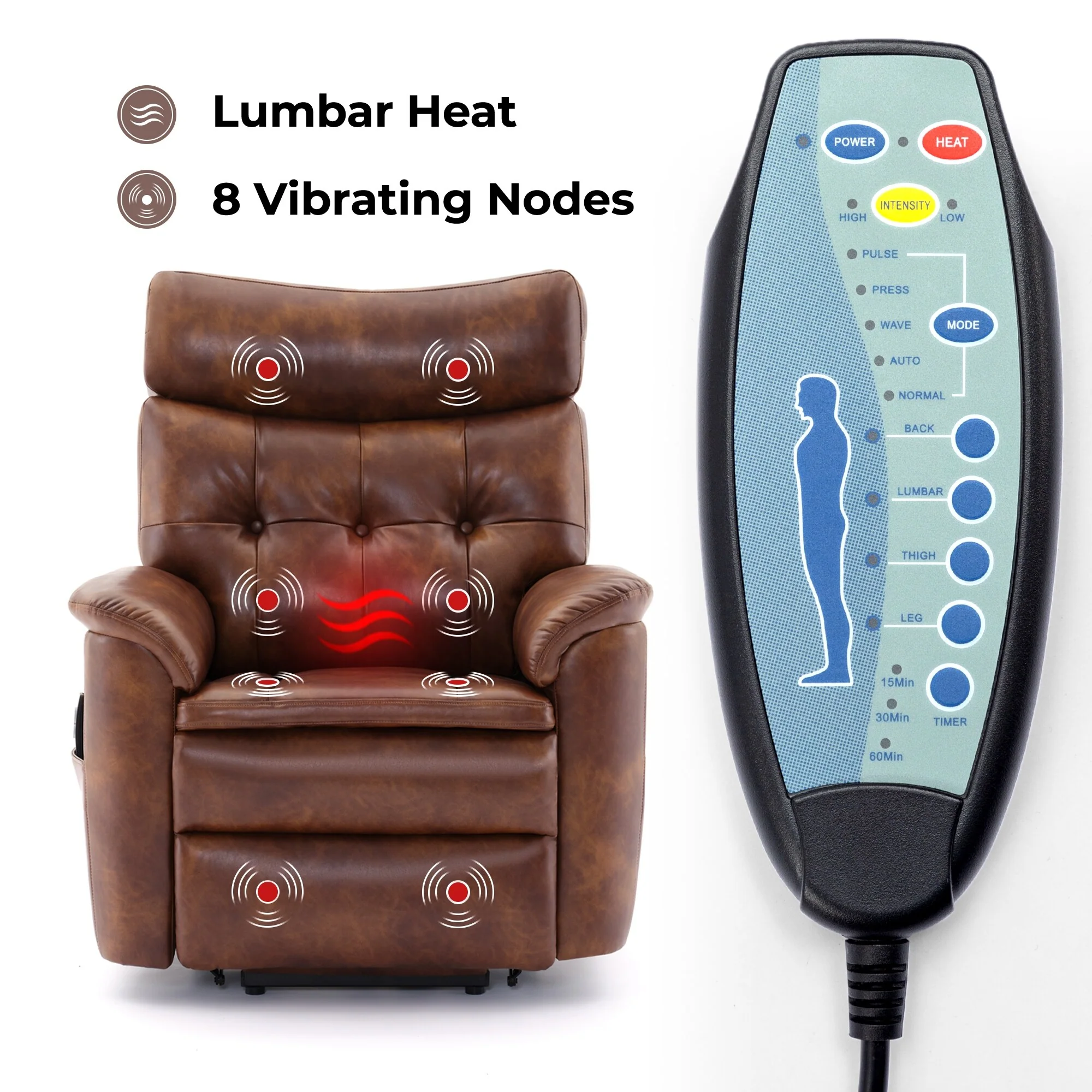 Brown Dual Motor Power Lift Recliner Chair with Massage, Heating, and One-Touch Reset, USB & Type C Ports,