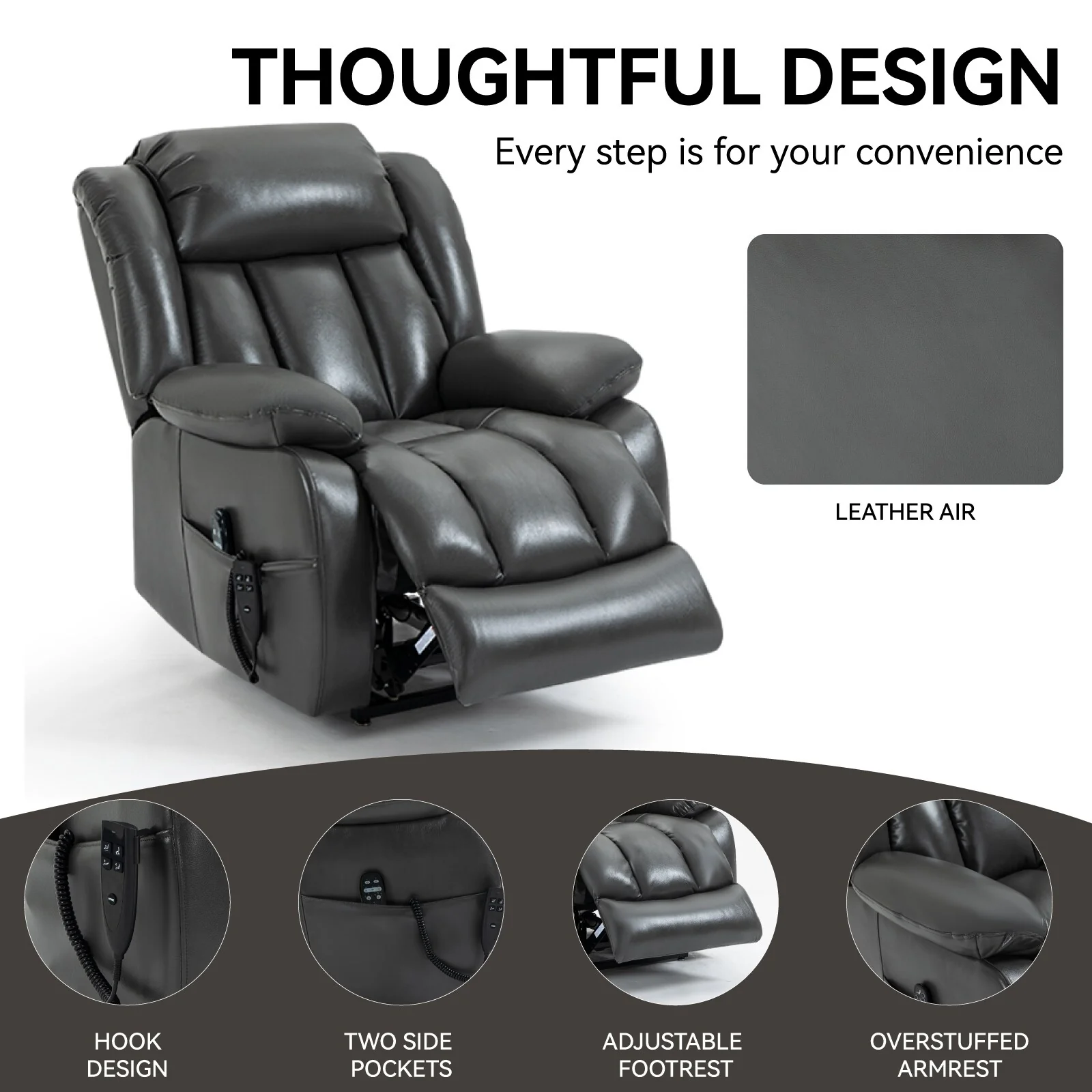 Faux Leather Power Lift Recliner with Massage & Lumbar Heating
