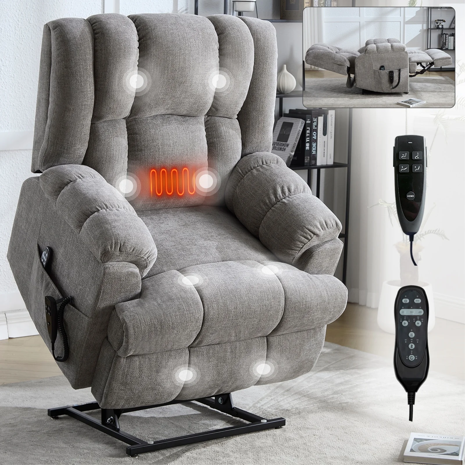 Heavy Duty Power Lift Recliner Chair with Dual Motor, Heat & Massage Functions, Infinite Position Electric Reclining Sofa
