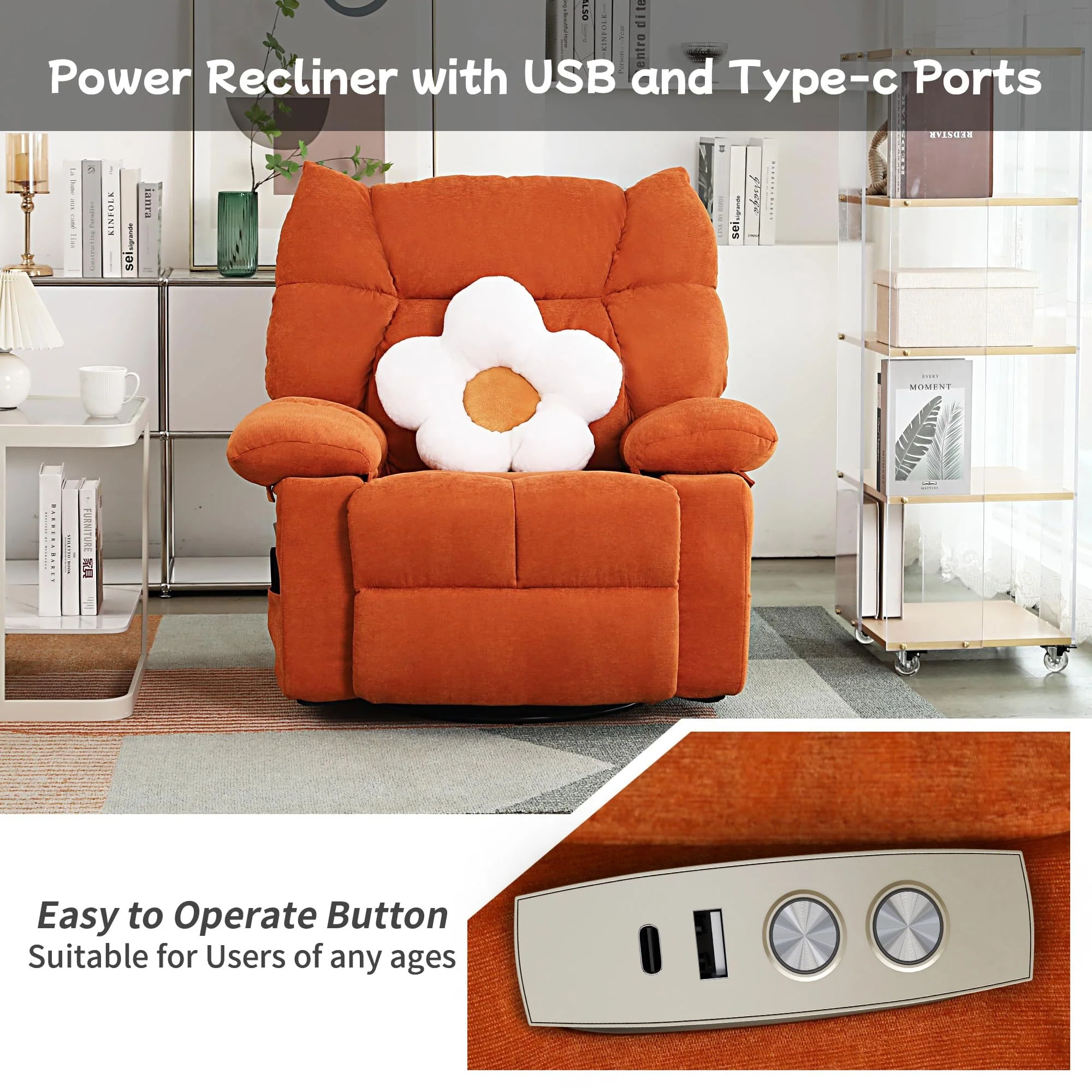 XINMICS Swivel Recliner Chair, Glider Rocking Power Recliner with Massage and Heated