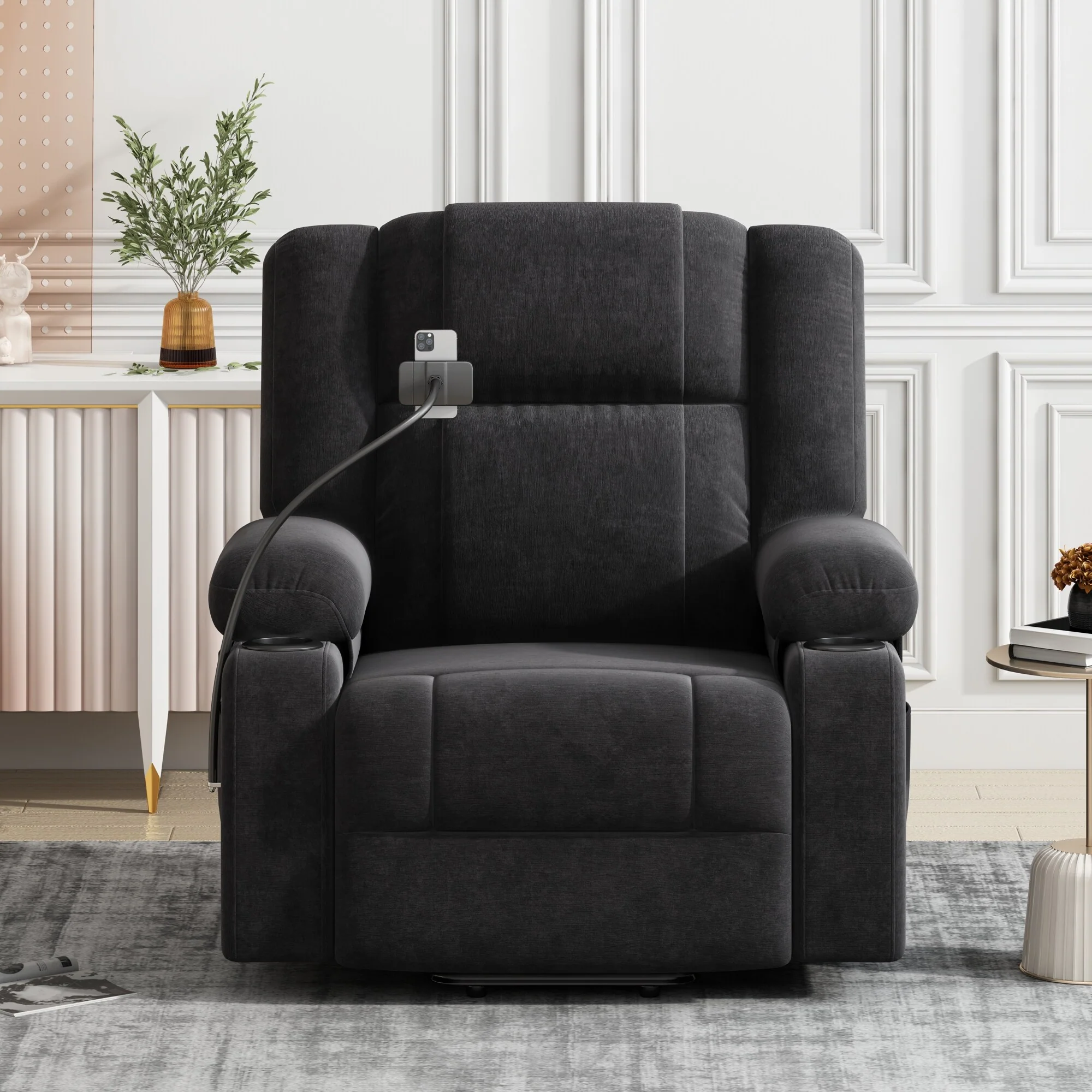 Grey Electric Lift Recliner featuring Massage, Heating, Cup Holders & 360�� Swivel Phone Stand with Adjustable Recline