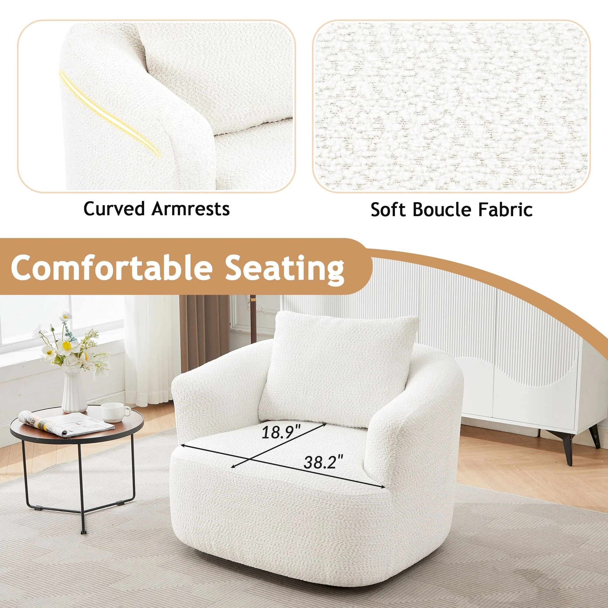 360�� Swivel Chair, 38.2 Boucle Accent Chair with Throw Pillow, Upholstered Barrel Sofa Chair with Curved Armrests