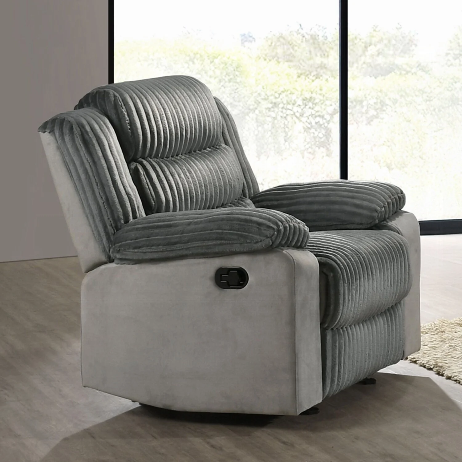 Upholstered Manual Motion Glider Recliner with Pillow Top Armrest in Gray
