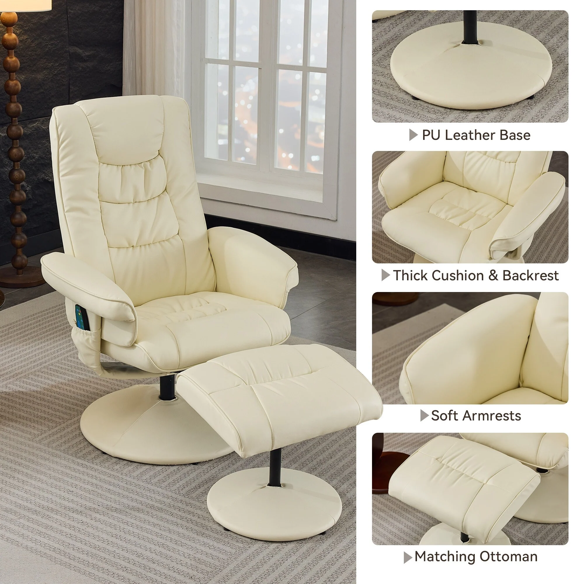 Recliner Chair with Ottoman - 360�� Swivel Massage Lounge Chair with 5-Point Vibration  Heated Seat, 140�� Adjustable