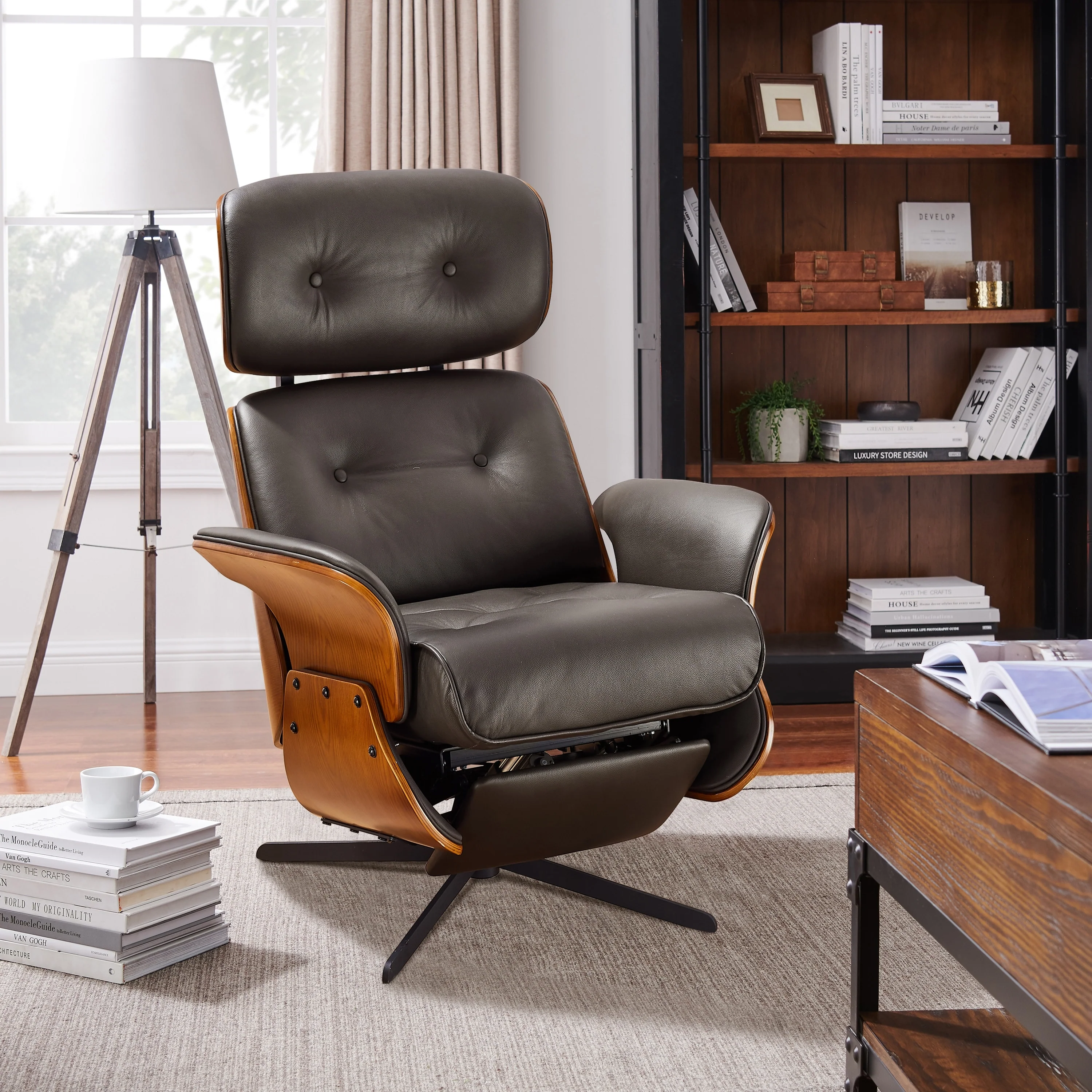 Art Leon Mid-century Modern Genuine Leather Lounge Chair Recliner