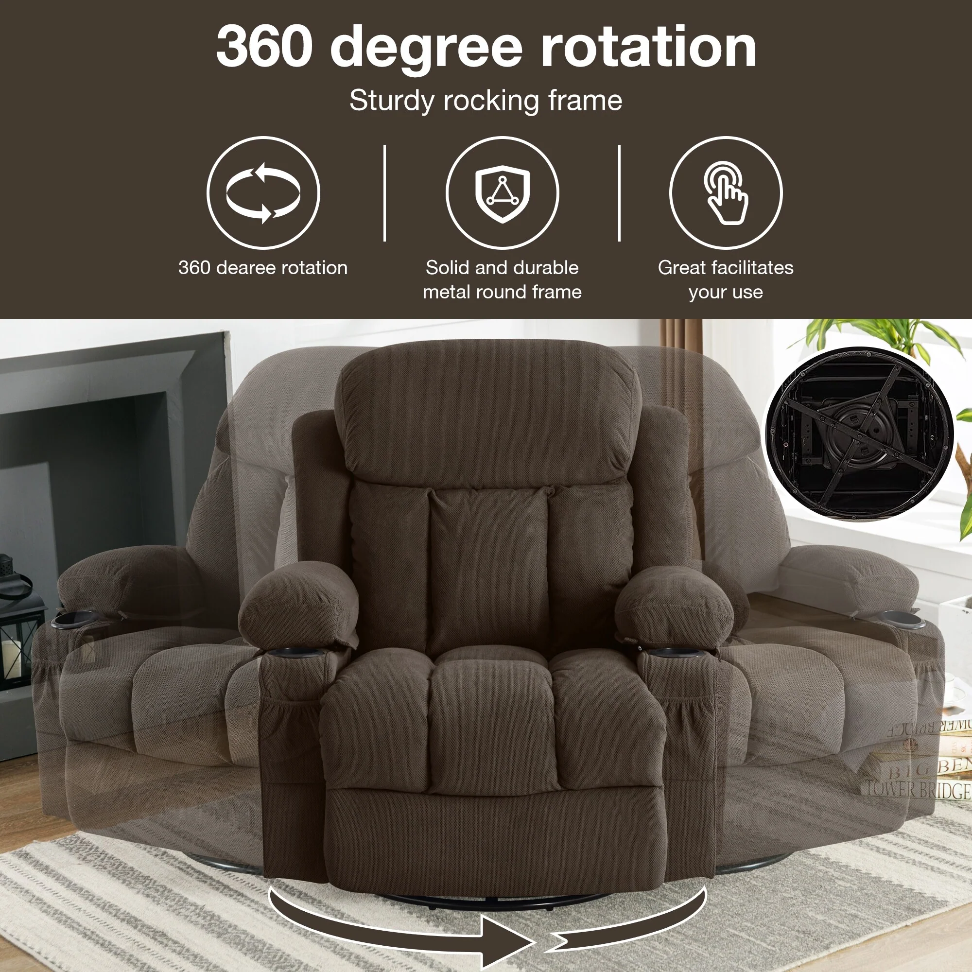 Swinging Recliner Massage Heated Sofa, With Usb And 2 Cup Holders In Side Pockets
