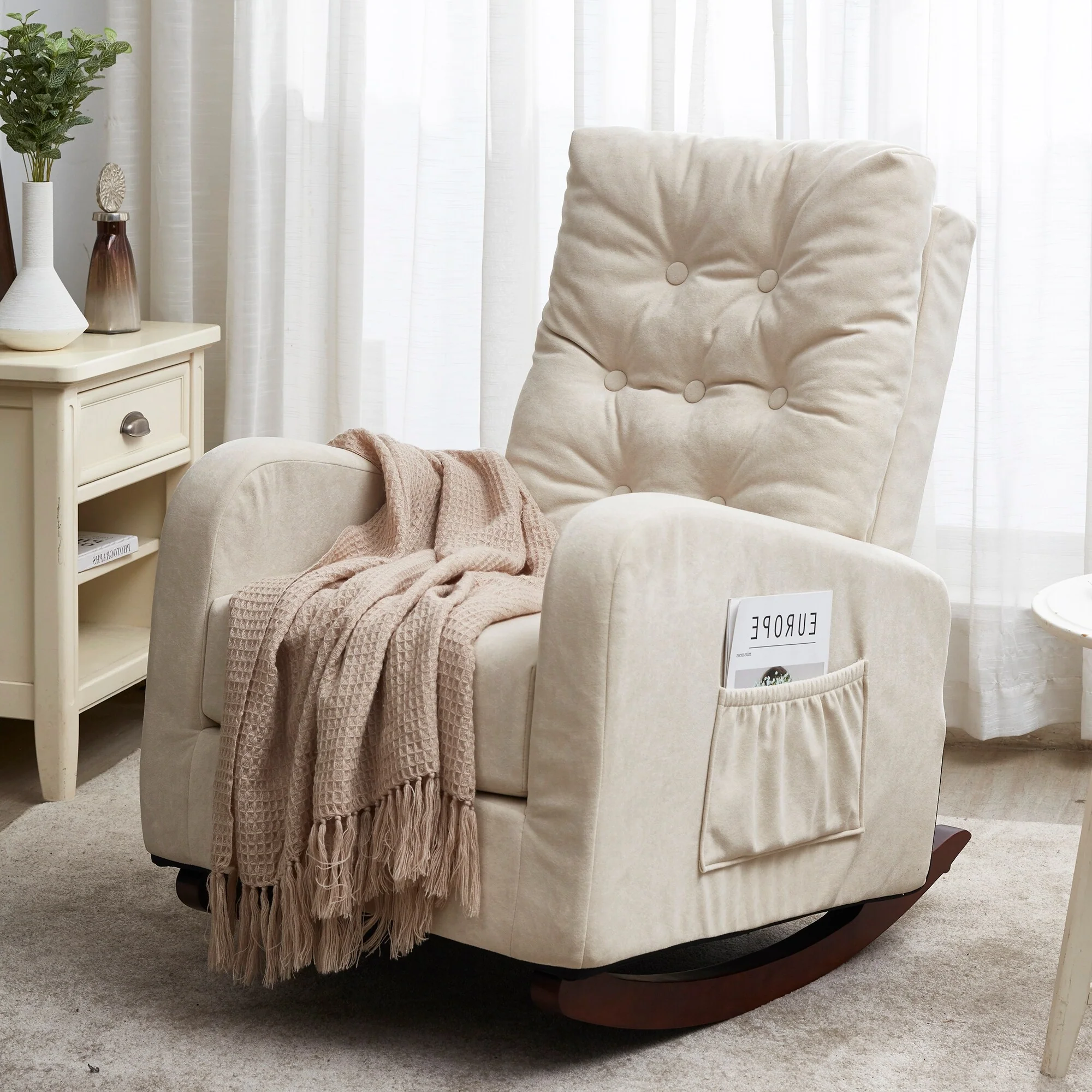 Beige Adjustable Reclining Chair with Solid Wood Legs and High Back Support