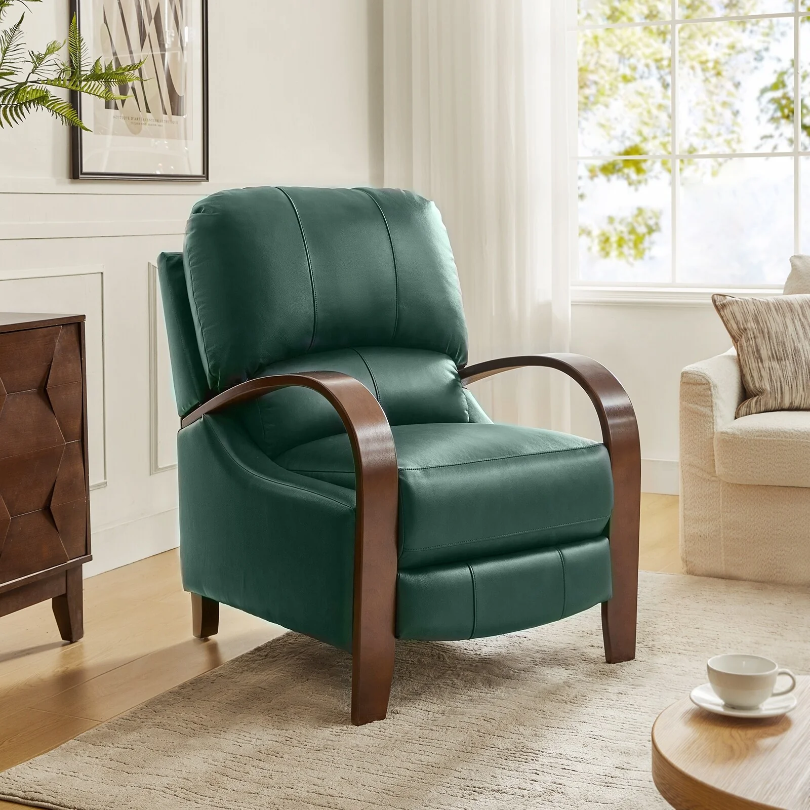 Alex Mid-century Modern Cigar Genuine Leather Manual Recliner with Wooden Curved Arms