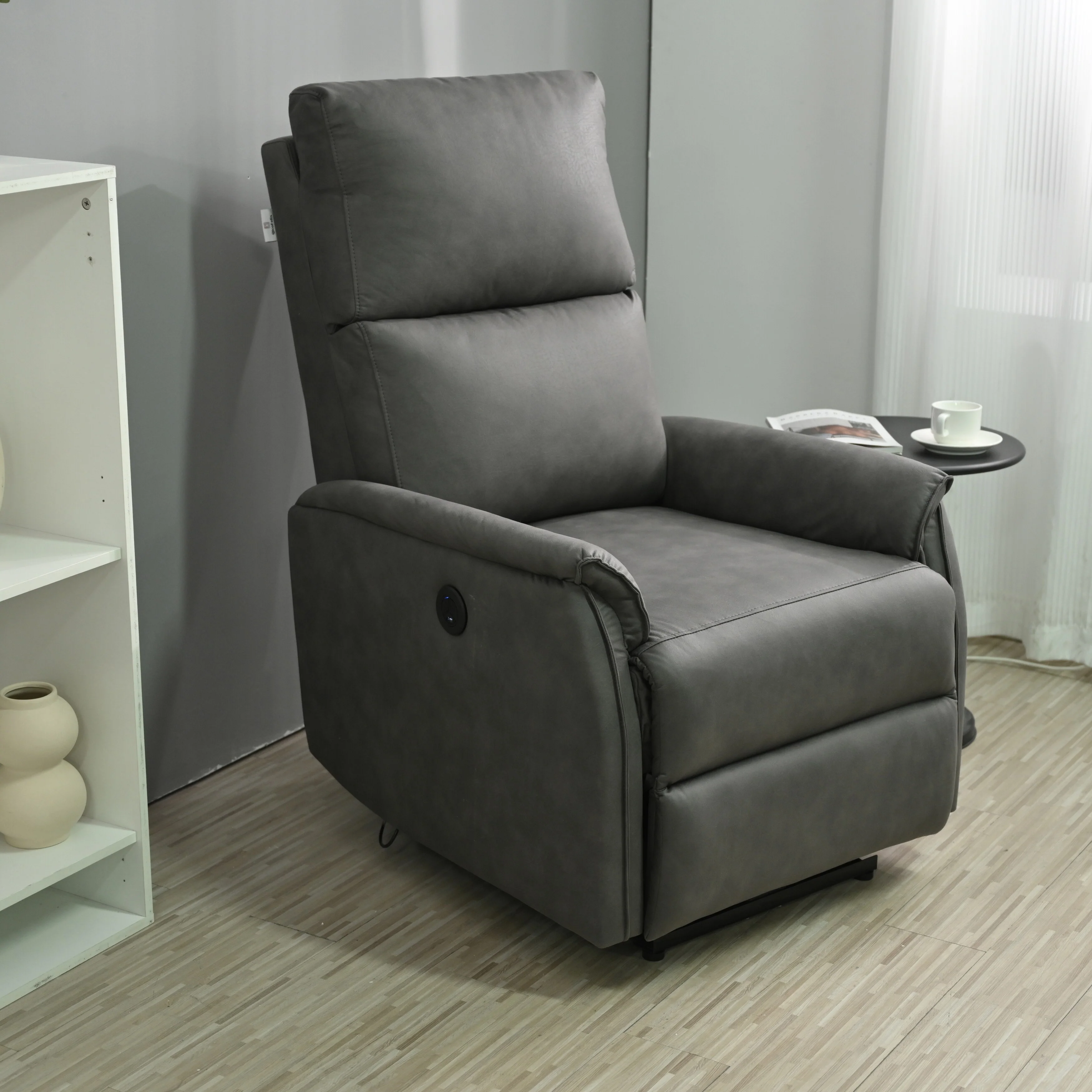 Grey Electric Reclining Chair with USB, Side Control, and Compact Design