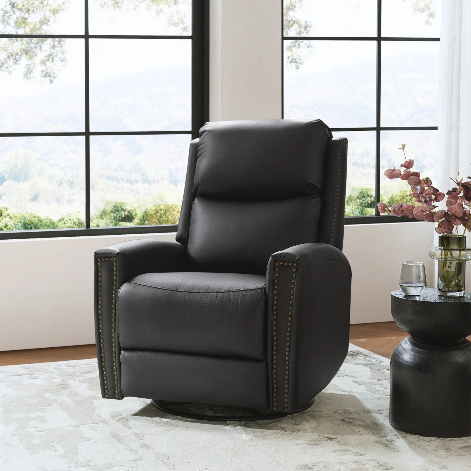 Fiacro 30.31Wide Modern Genuine Leather Wingback Swivel Rocker Recliner with Nailhead Trims