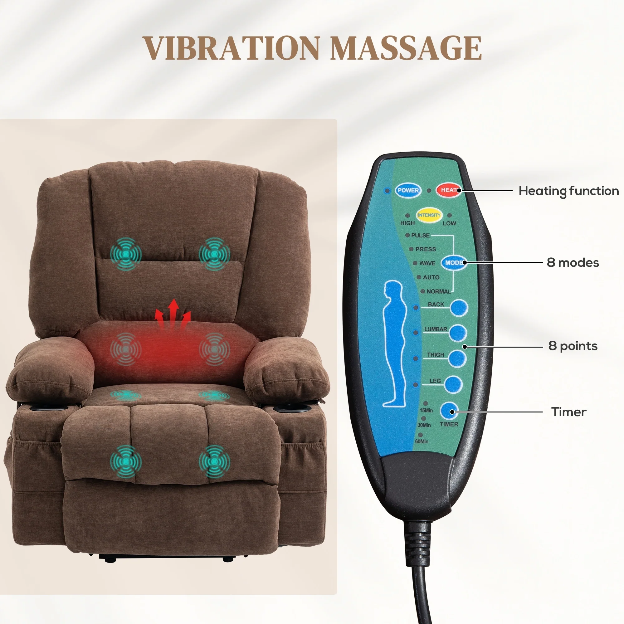 Power Lift Recliner Chair with Vibration Massage, Heating, Remote Control, Quick Assembly, and Side Pockets