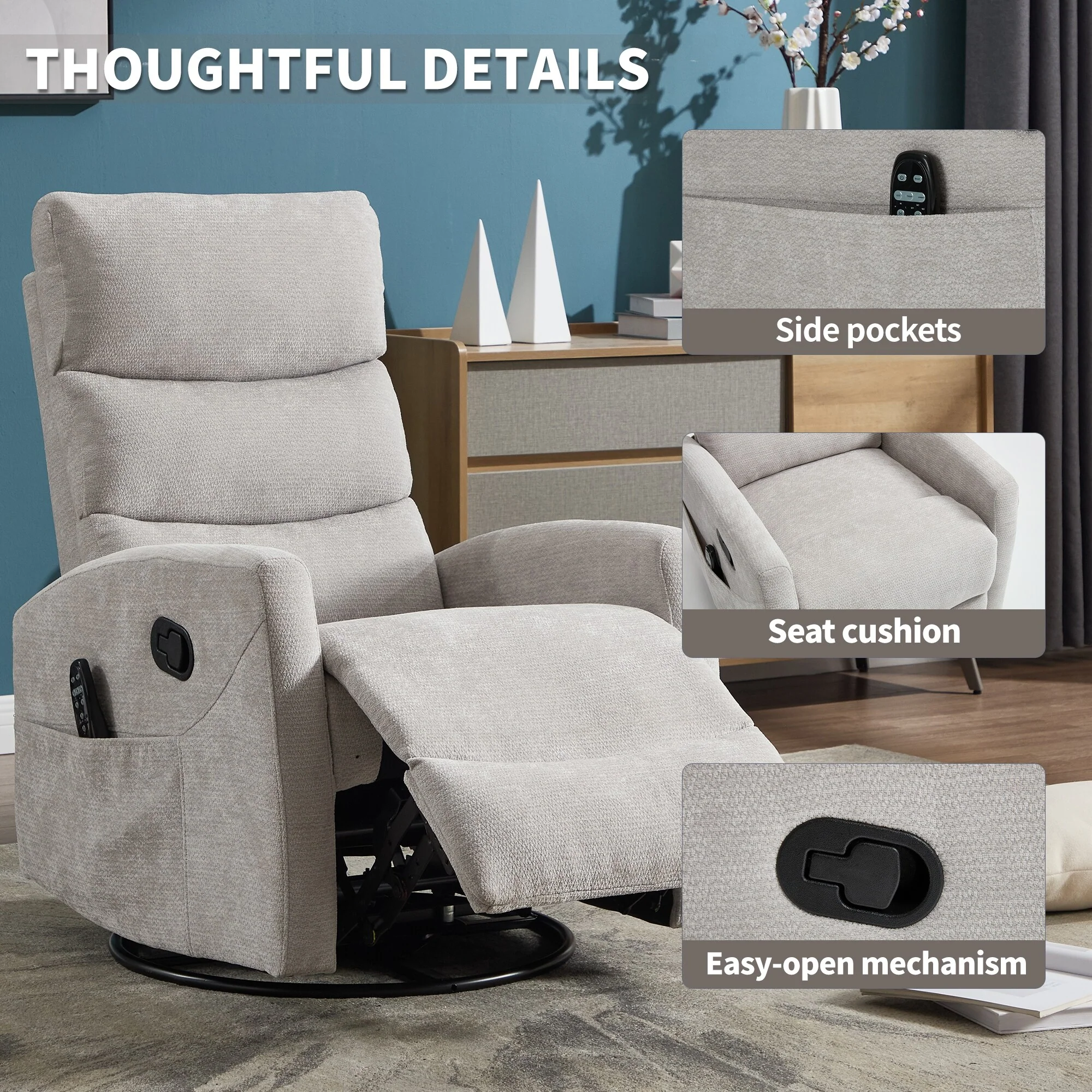 Heat Massage Manual Recliner Chair with Rocker and Swivel in Fabric for Living Room,Grey