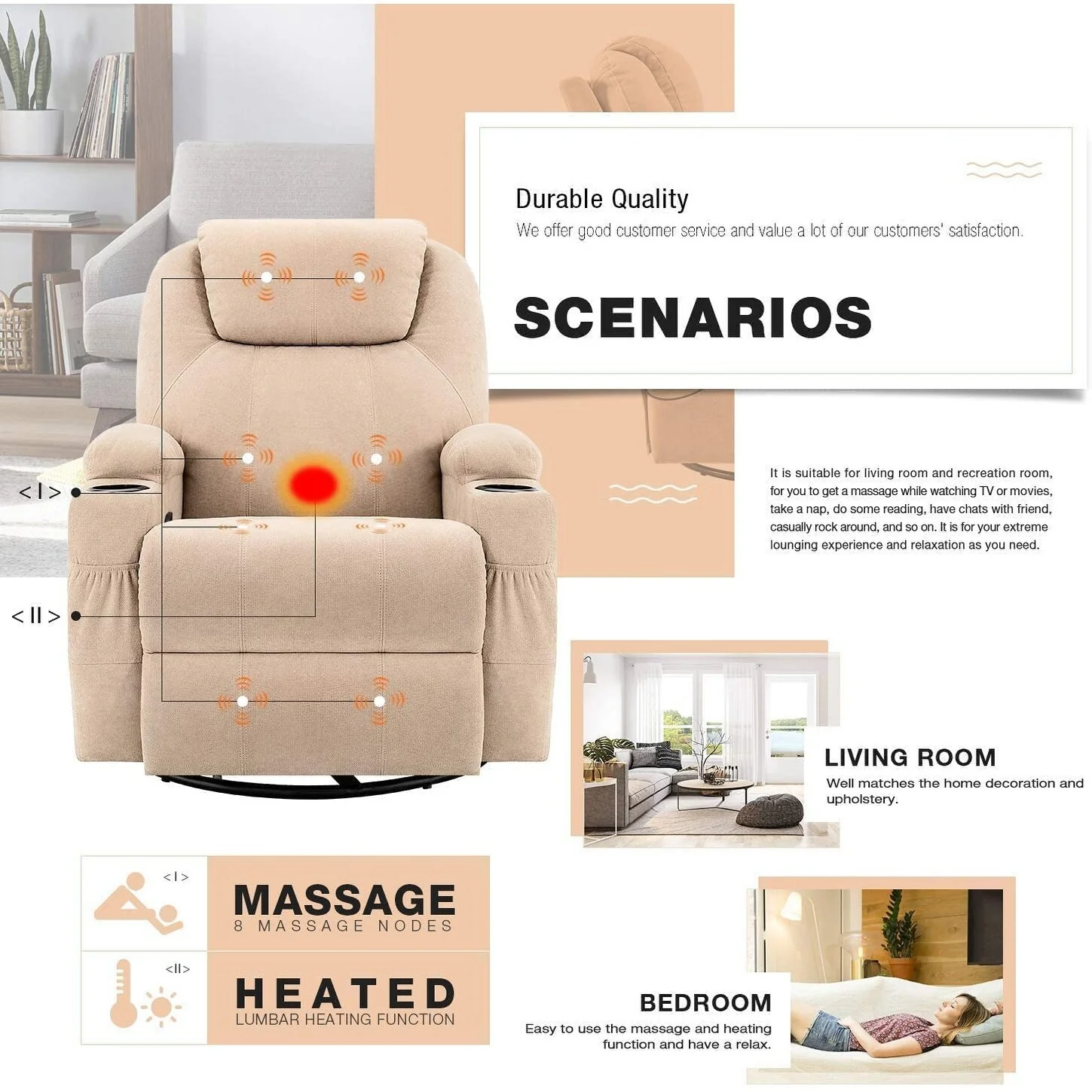 Furniwell Rotary Massage Heated Function Recliner Fabric Whirl