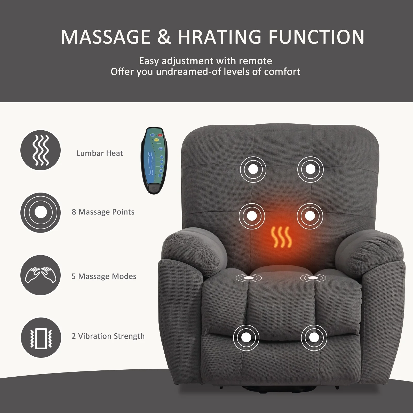 Grey Power Lift Recliner with Vibration Massage, Heat, USB, and Hidden Cup Holders