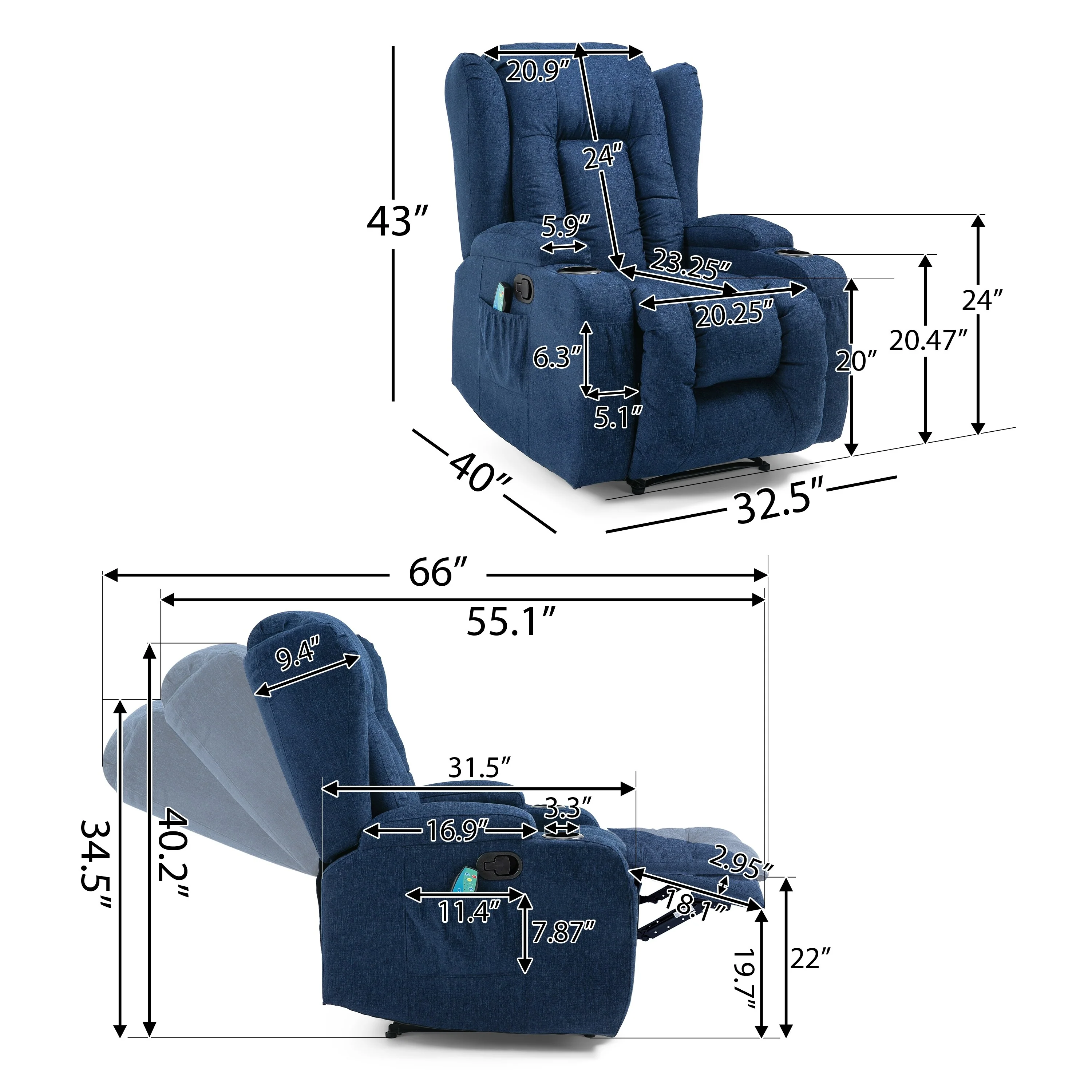 Brown Massage Recliner Chair with Heating, 5 Massage Modes, Cup Holders, Remote Control, and Manual Reclining Function