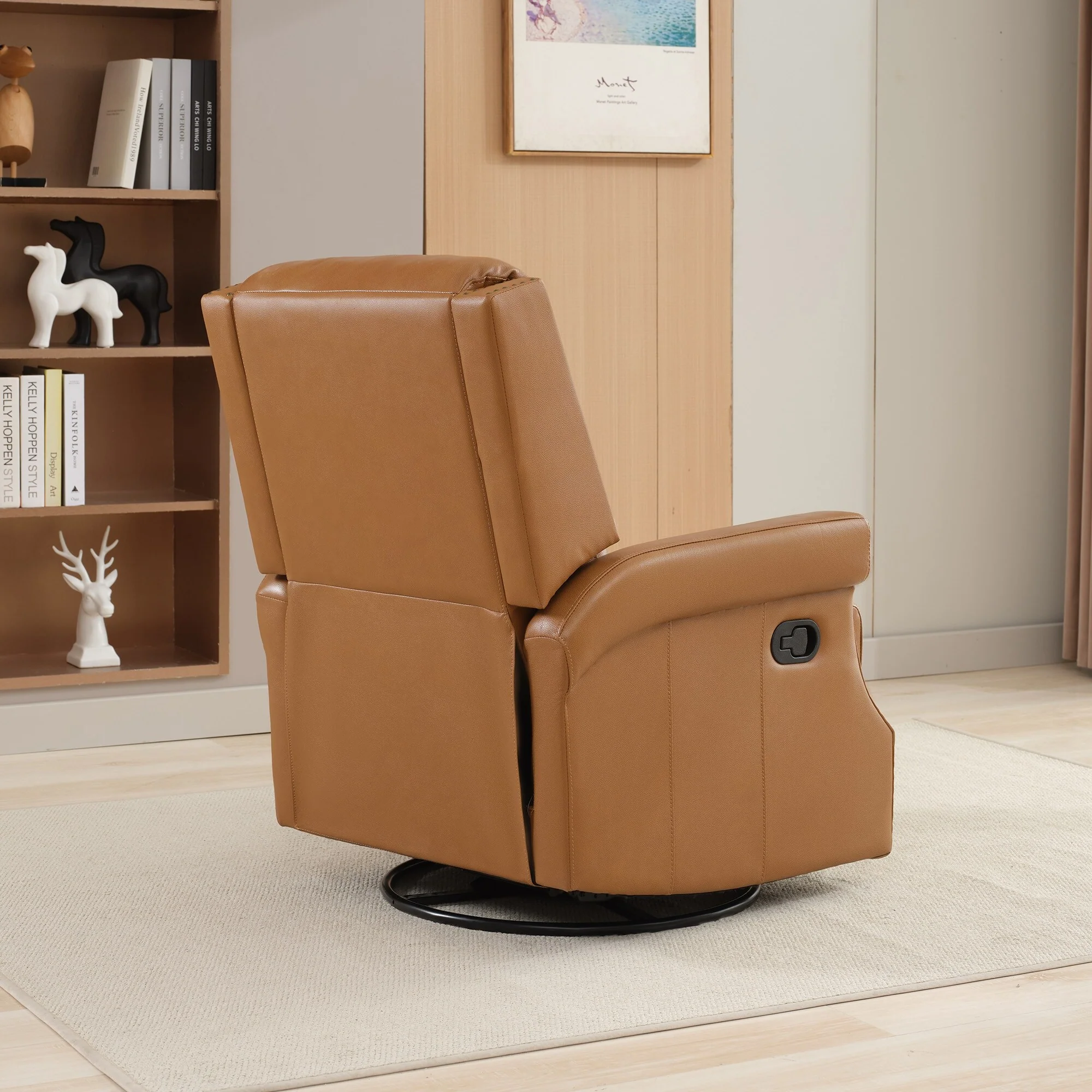Genuine Leather Manual Rocking Recliner with 360-degree Metal Swivel Base