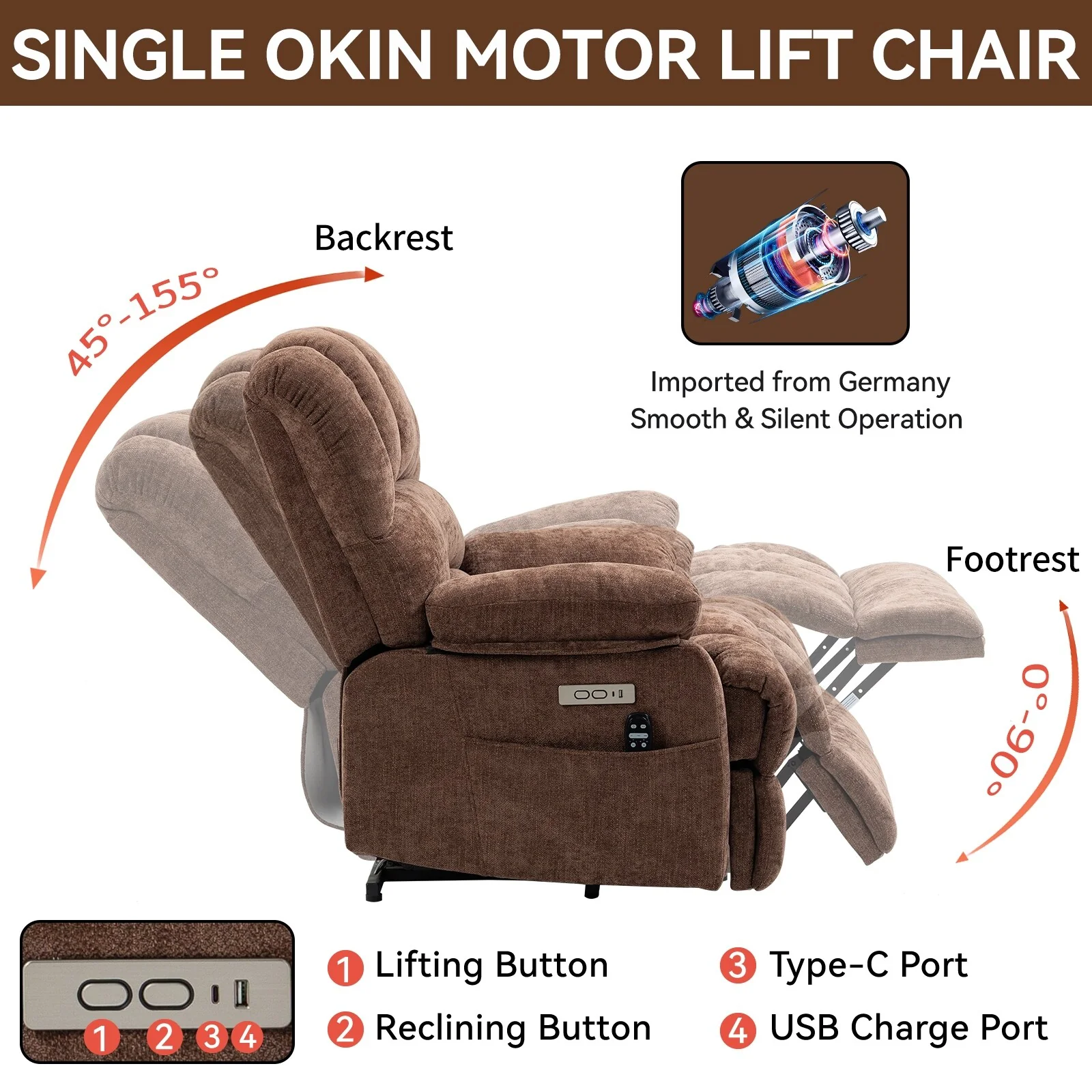 Chenille Power Lift Recliner Chair with 8-Point Vibration Massage