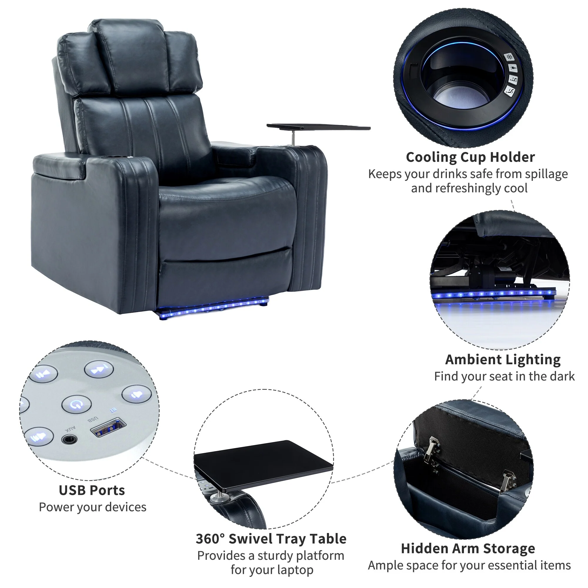 Power Recliner Chair with Cooling Cup Holder, Bluetooth & Tray Table