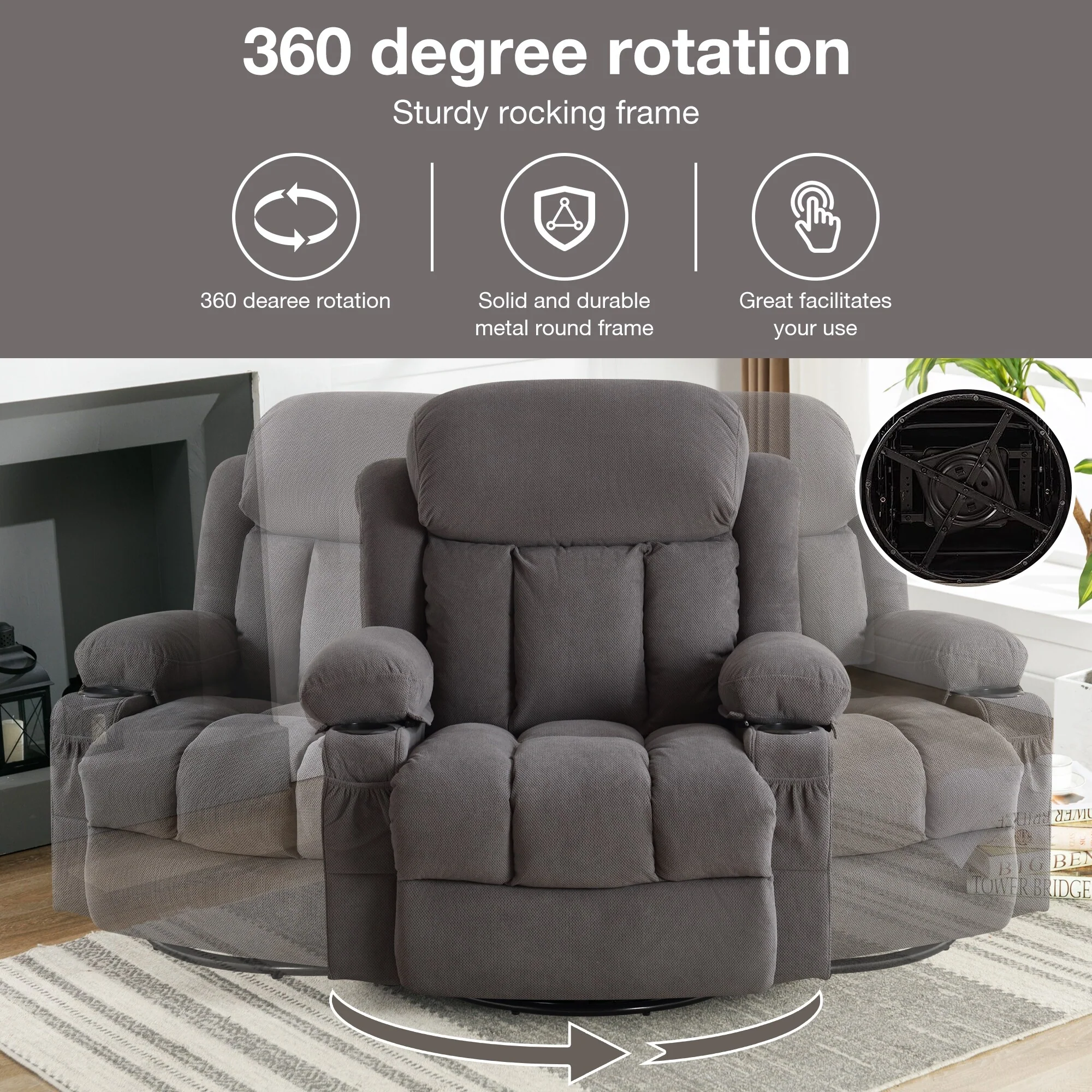 Swinging Recliner Massage Heated Sofa, With Usb And 2 Cup Holders In Side Pockets