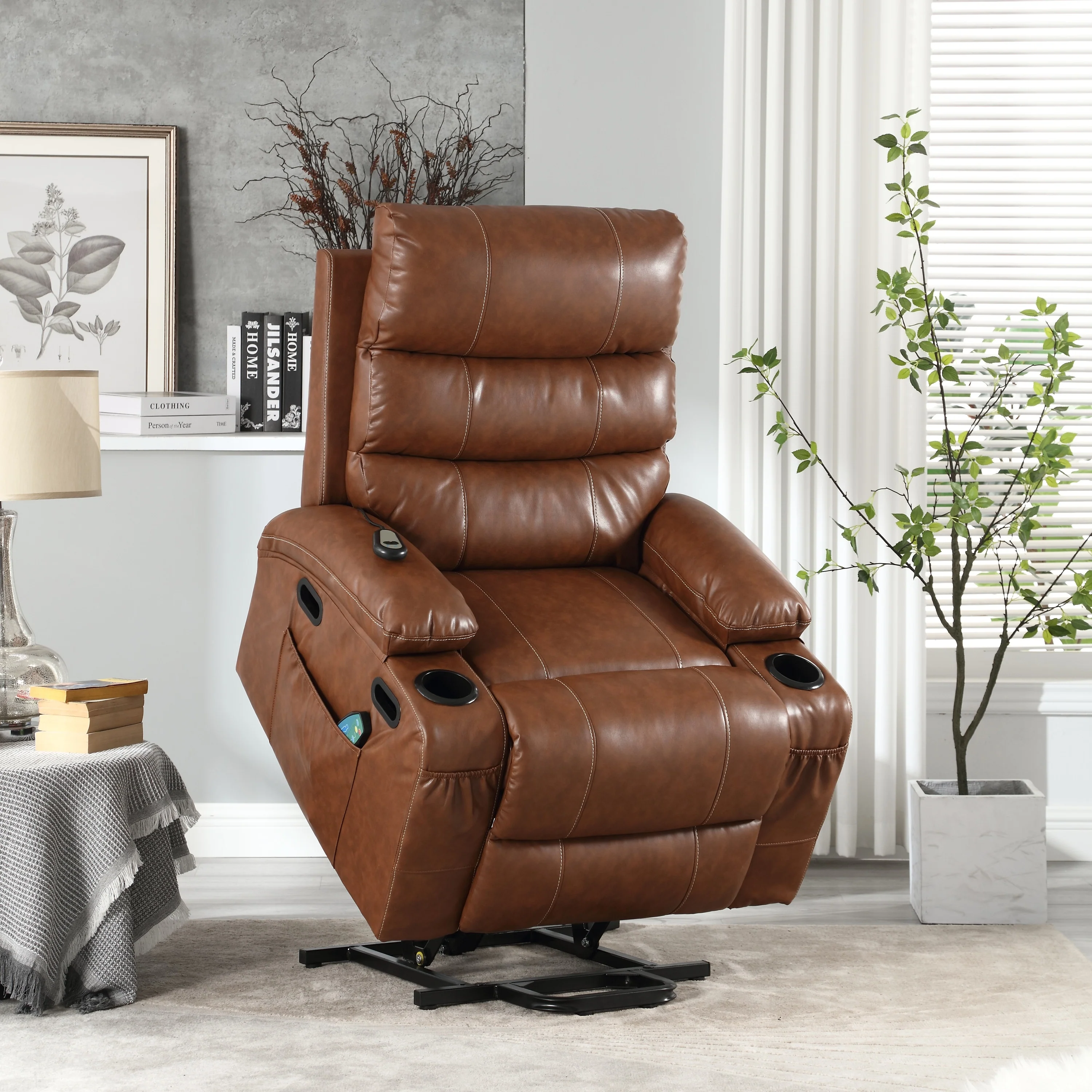 PU Leather Power Lift Recliner with Massage, Heating & Cup Holders