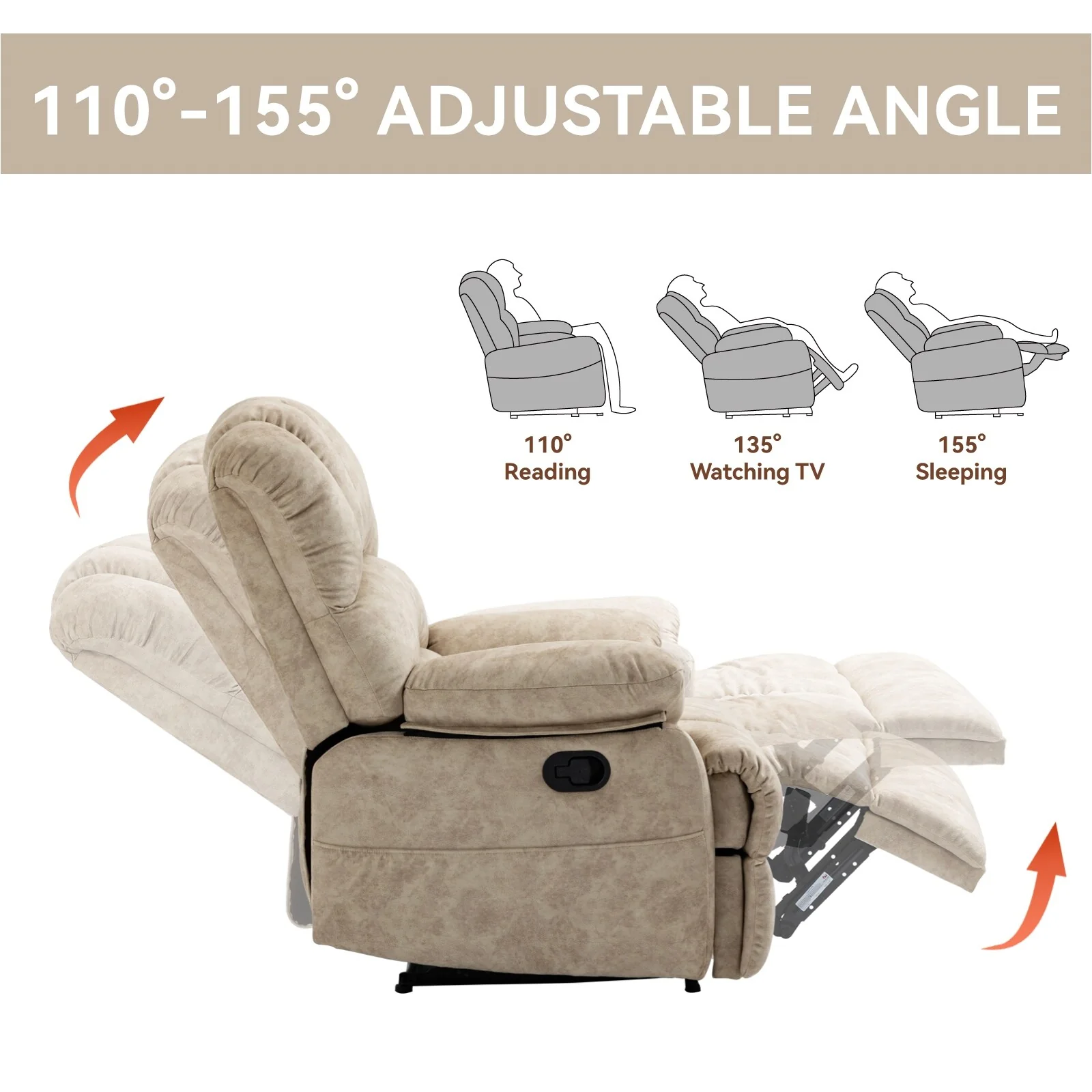 Fabric Large Manual Recliner Chair with Adjustable Backrest and Footstool