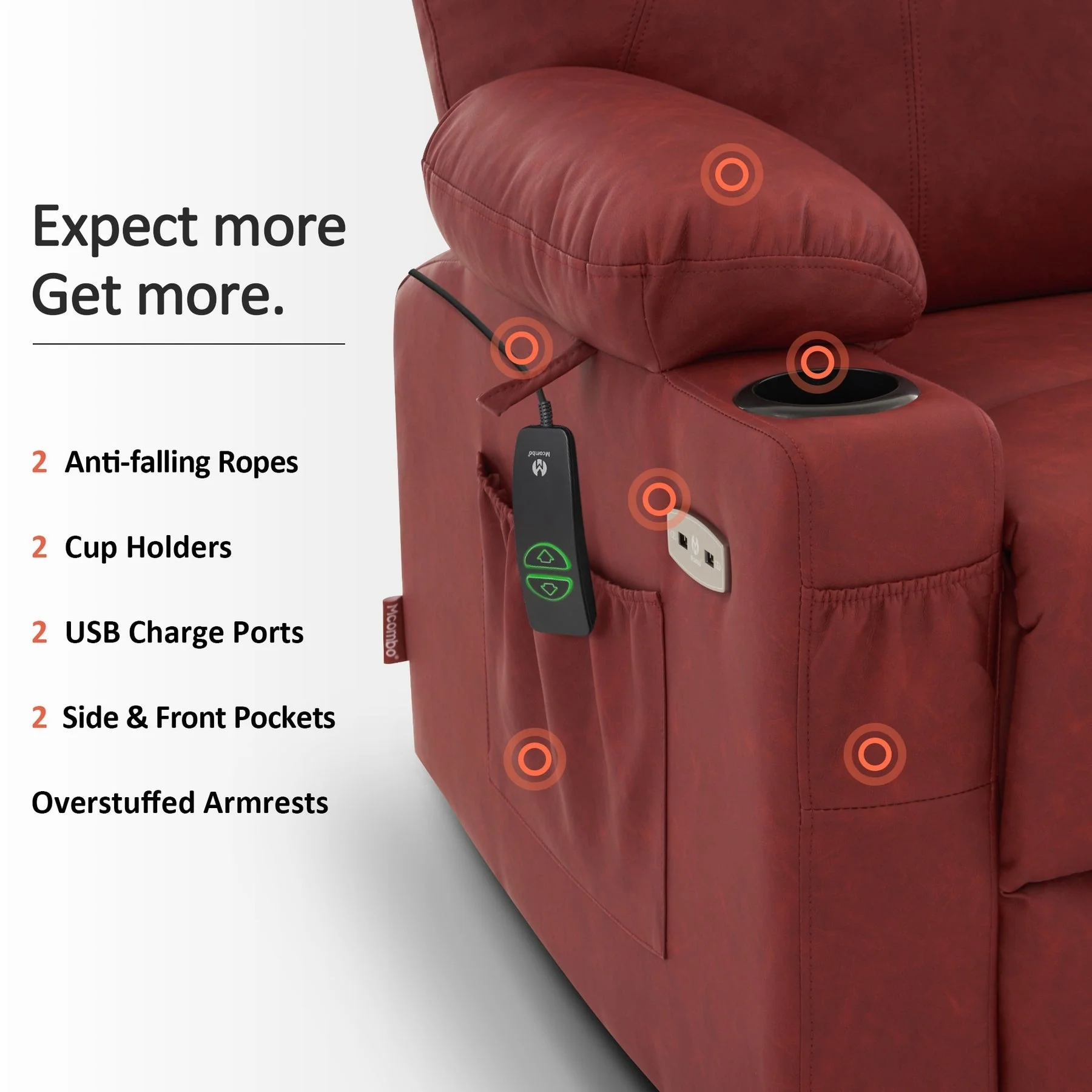 MCombo Large Power Lift Recliner Leather Chair with Massage, Heat, Cup Holders,Extended Footrest, Leather 7516