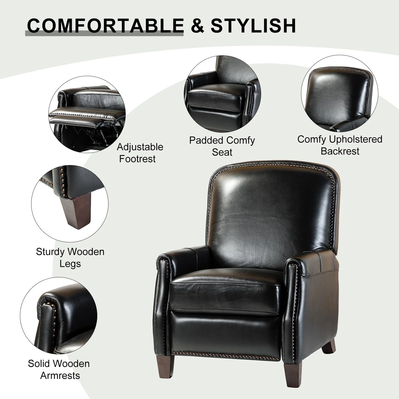 Gladis Modern Retro Genuine Leather Recliner with Nailhead Trim by HULALA HOME